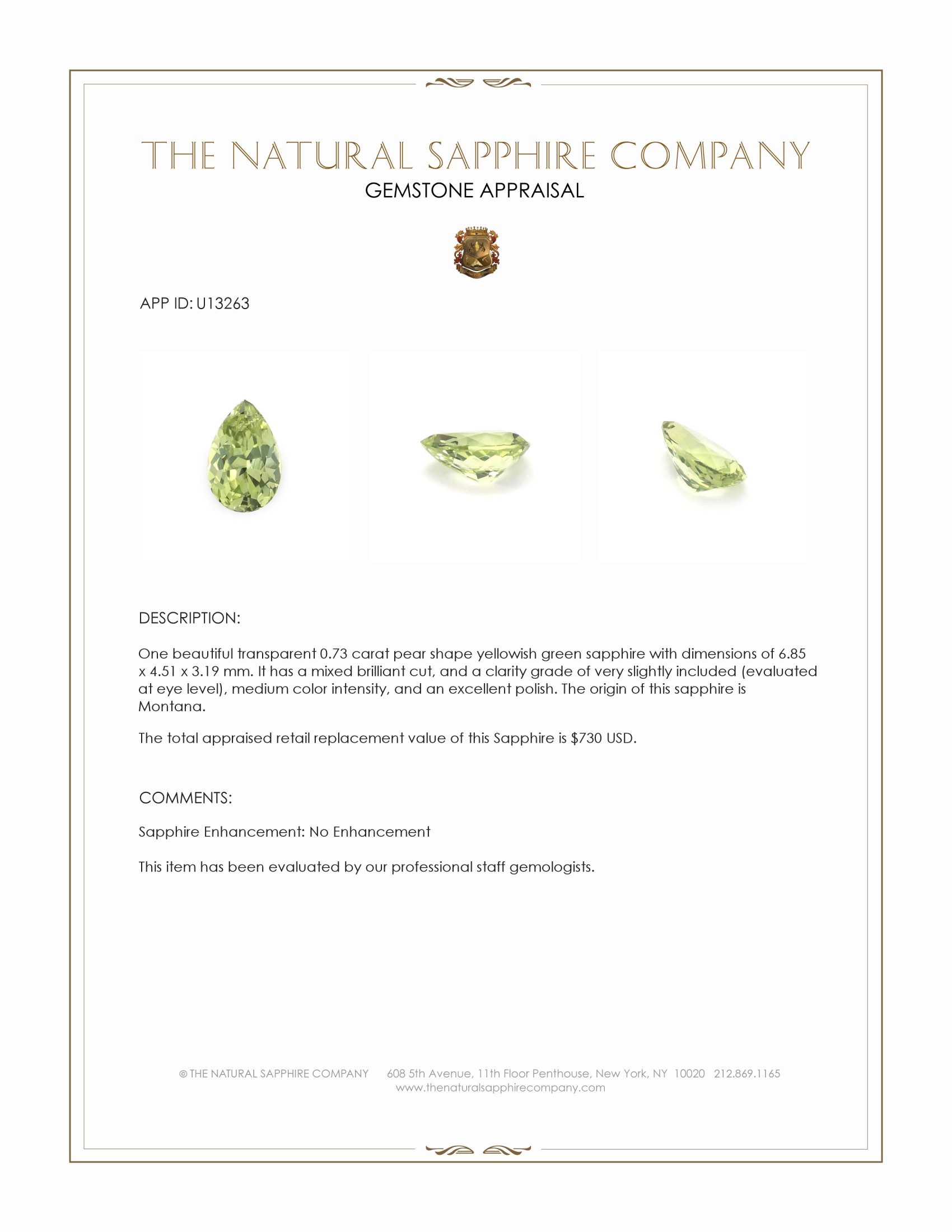 0.73 Ct. Yellowish Green Sapphire from Montana