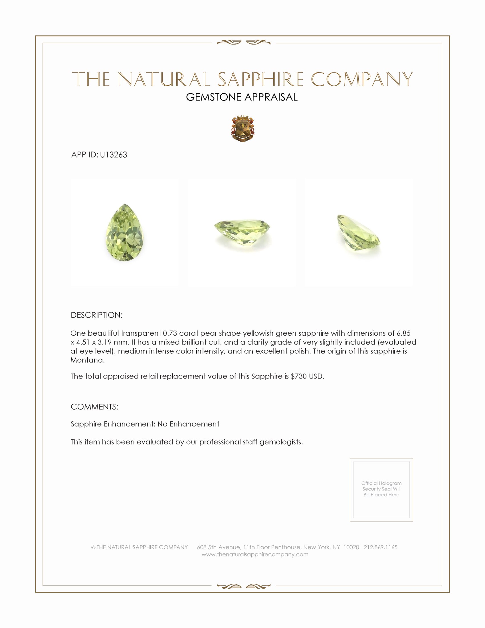 0.73 Ct. Yellowish Green Sapphire from Montana
