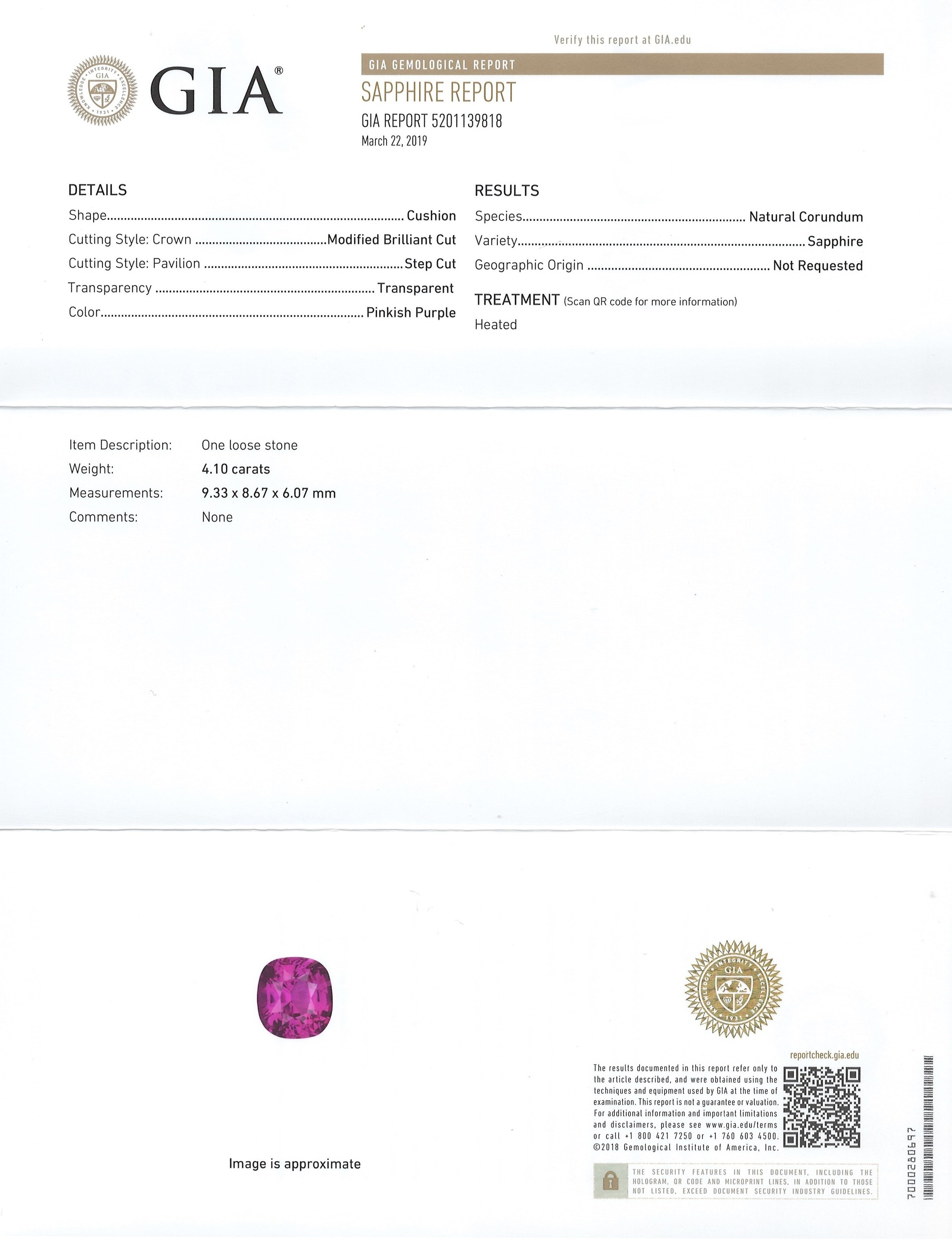 4.10 Ct. Pinkish Purple Sapphire from Ceylon (Sri Lanka)