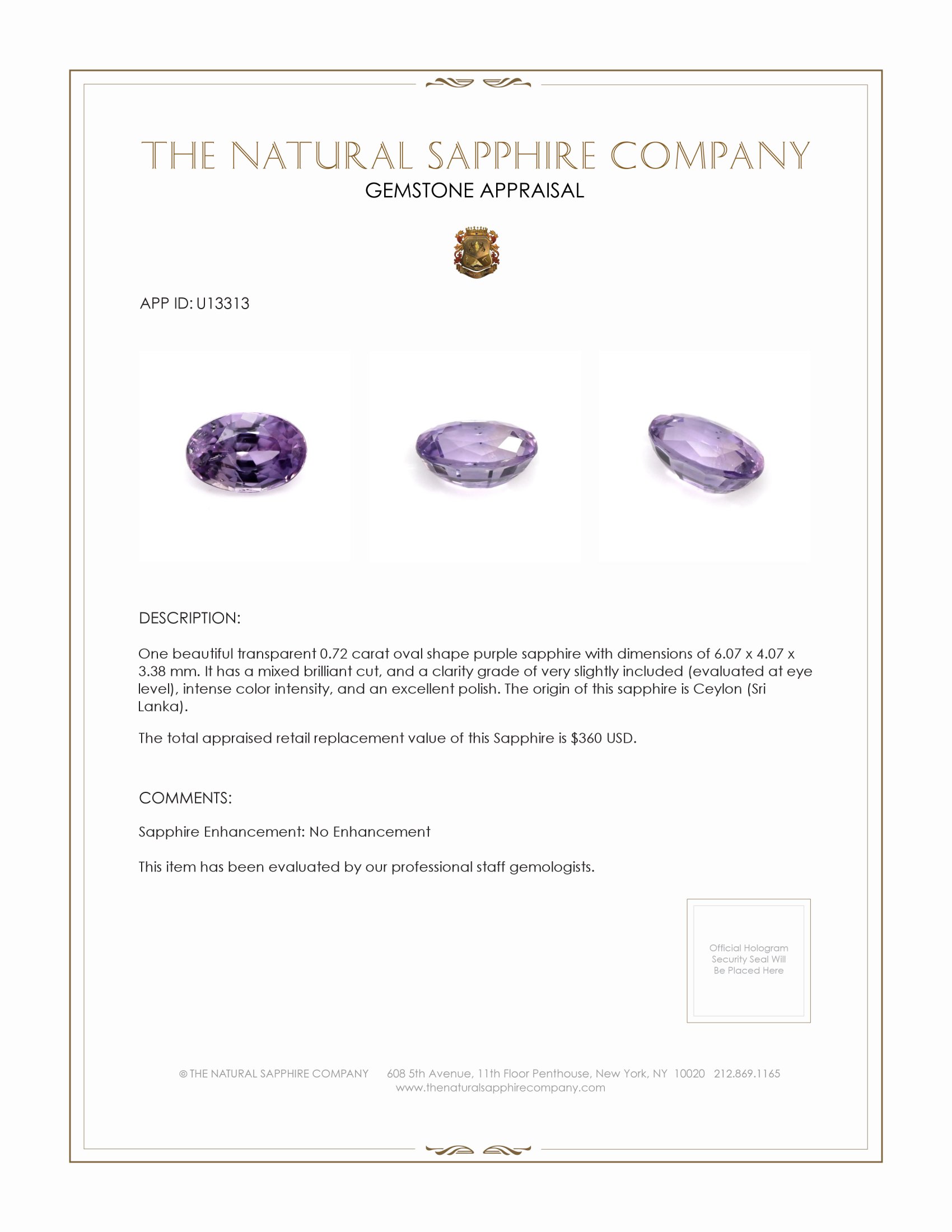 0.72 Ct. Purple Sapphire from Ceylon (Sri Lanka)
