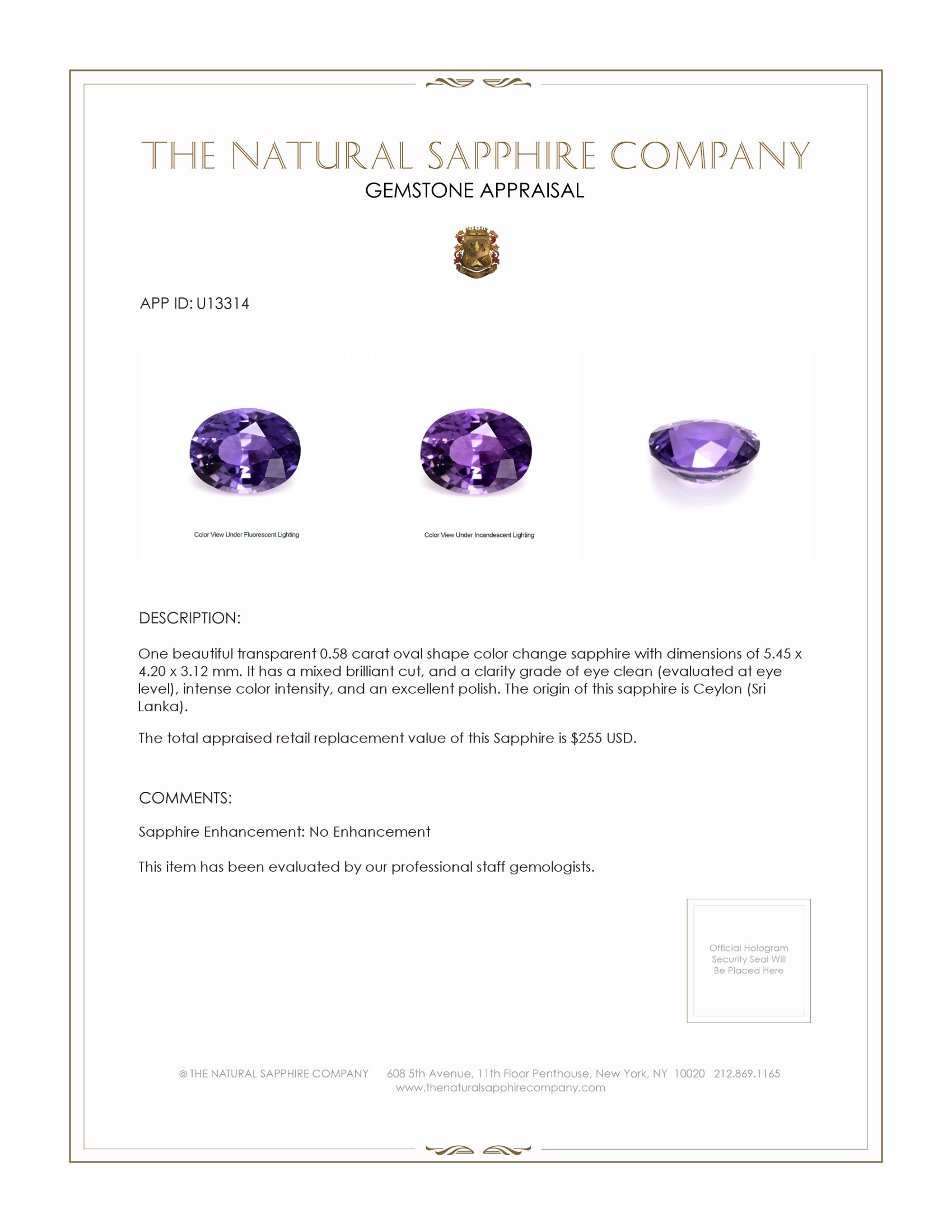 0.58 Ct. Color Change Sapphire from Ceylon (Sri Lanka)