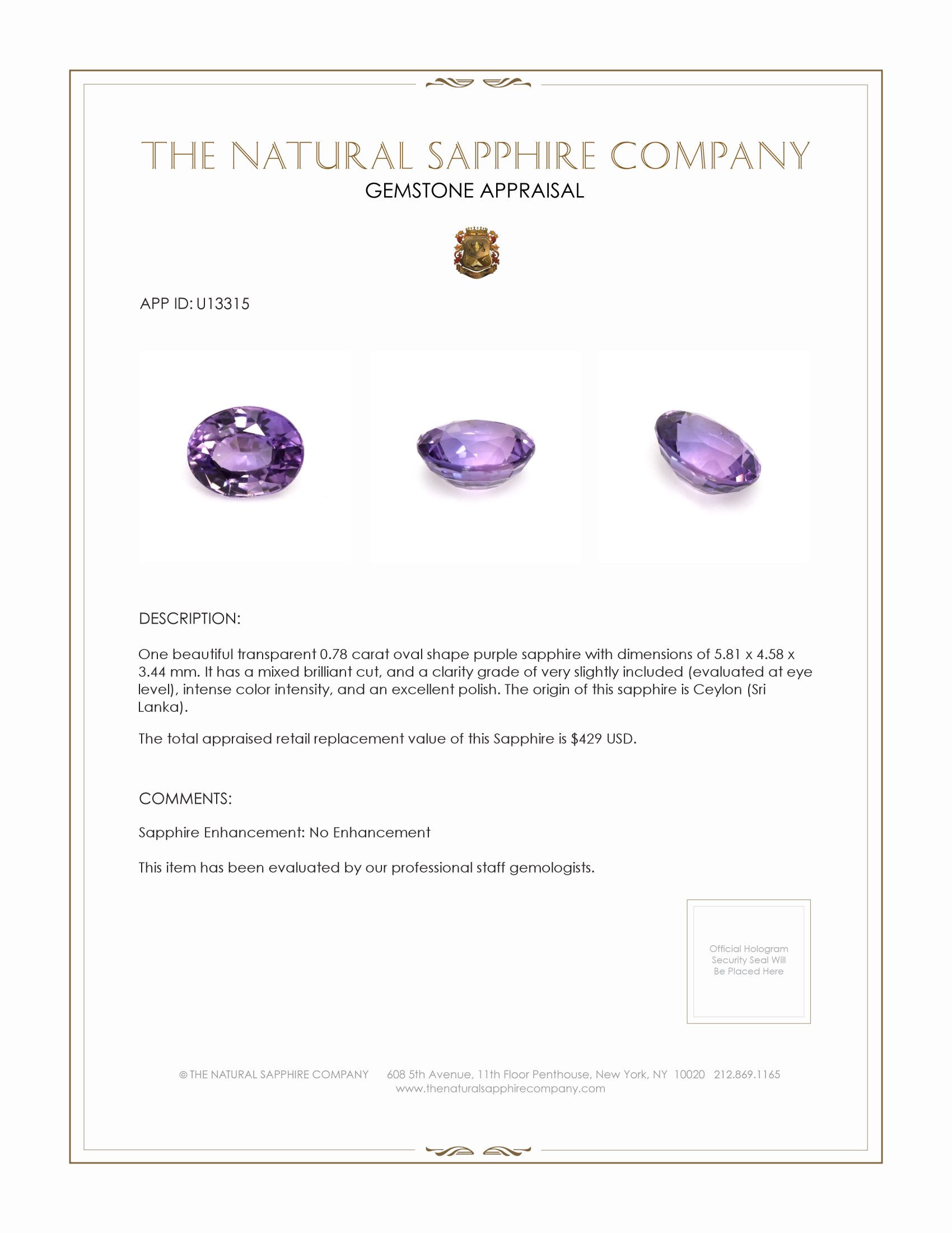 0.78 Ct. Purple Sapphire from Ceylon (Sri Lanka)