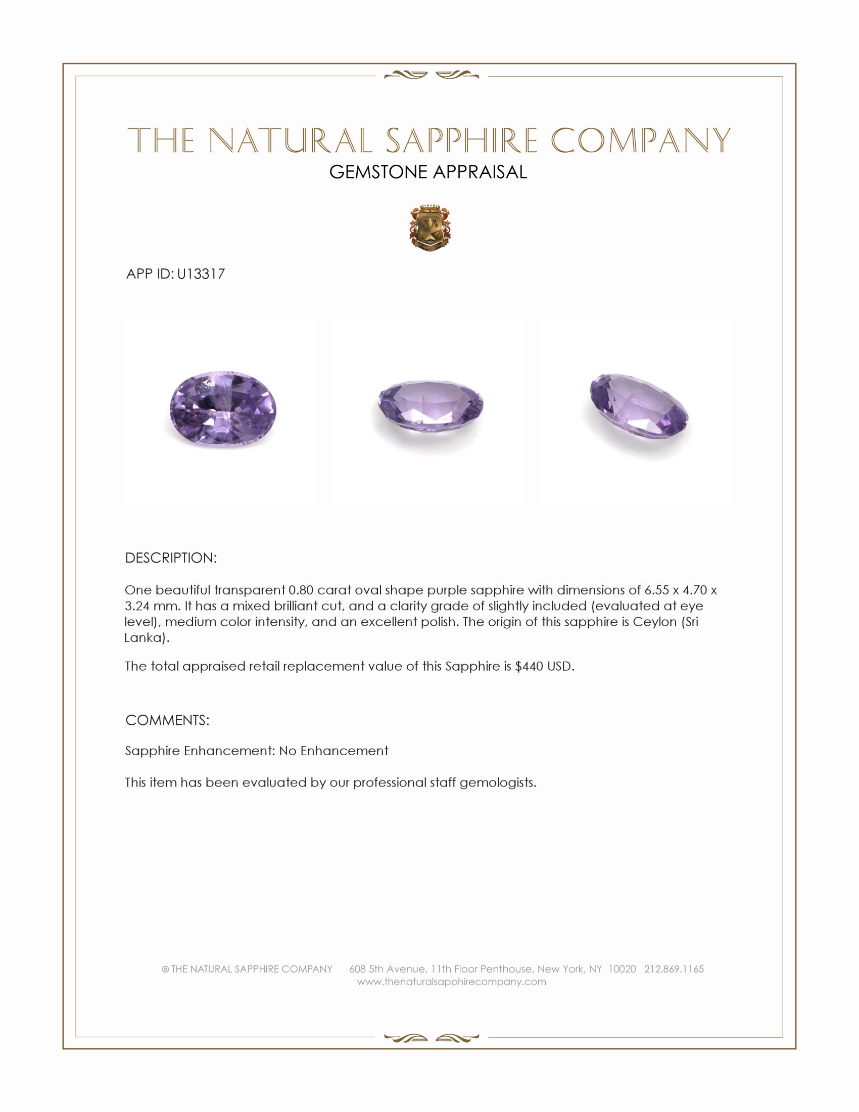 0.80 Ct. Purple Sapphire from Ceylon (Sri Lanka)