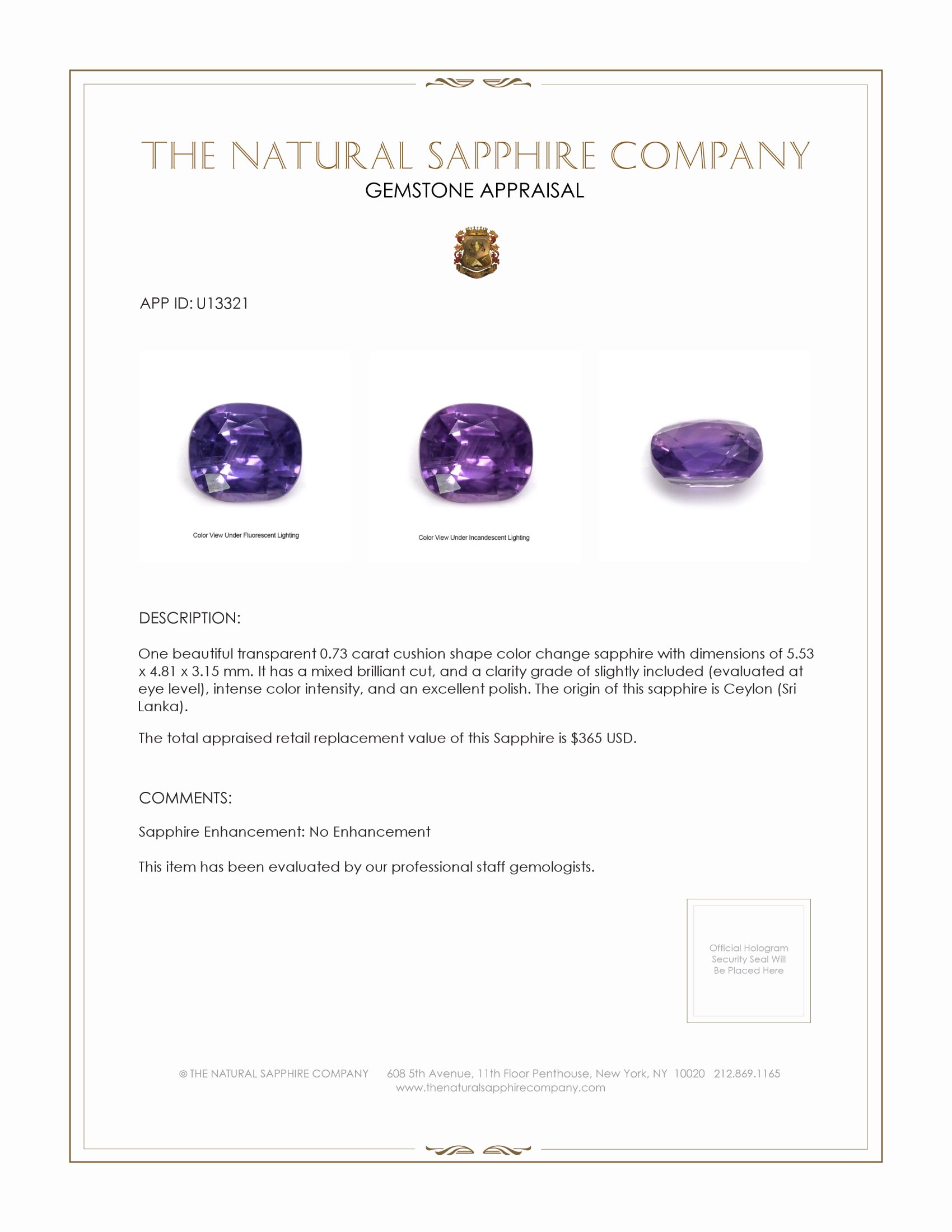 0.73 Ct. Color Change Sapphire from Ceylon (Sri Lanka)