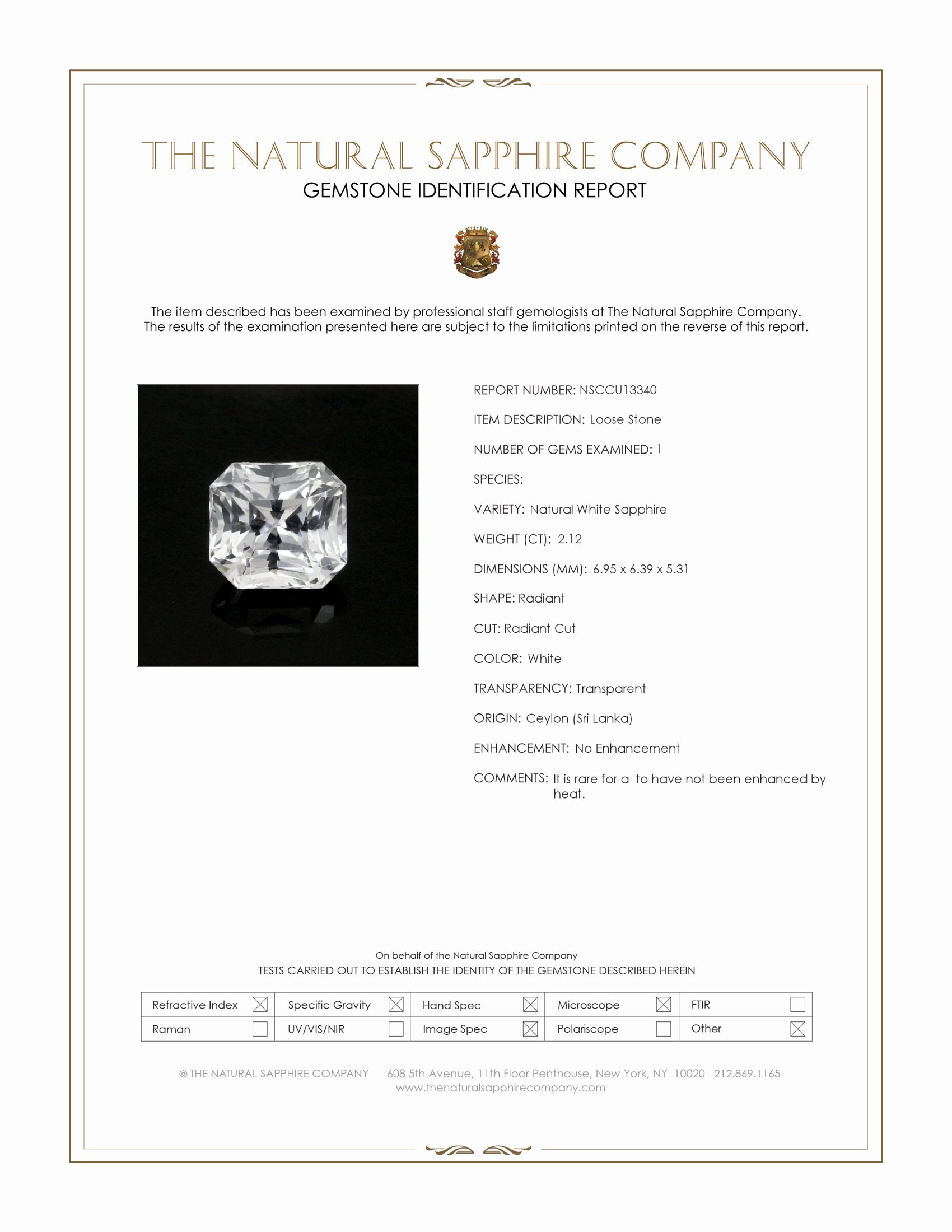 2.12 Ct. White Sapphire from Ceylon (Sri Lanka)
