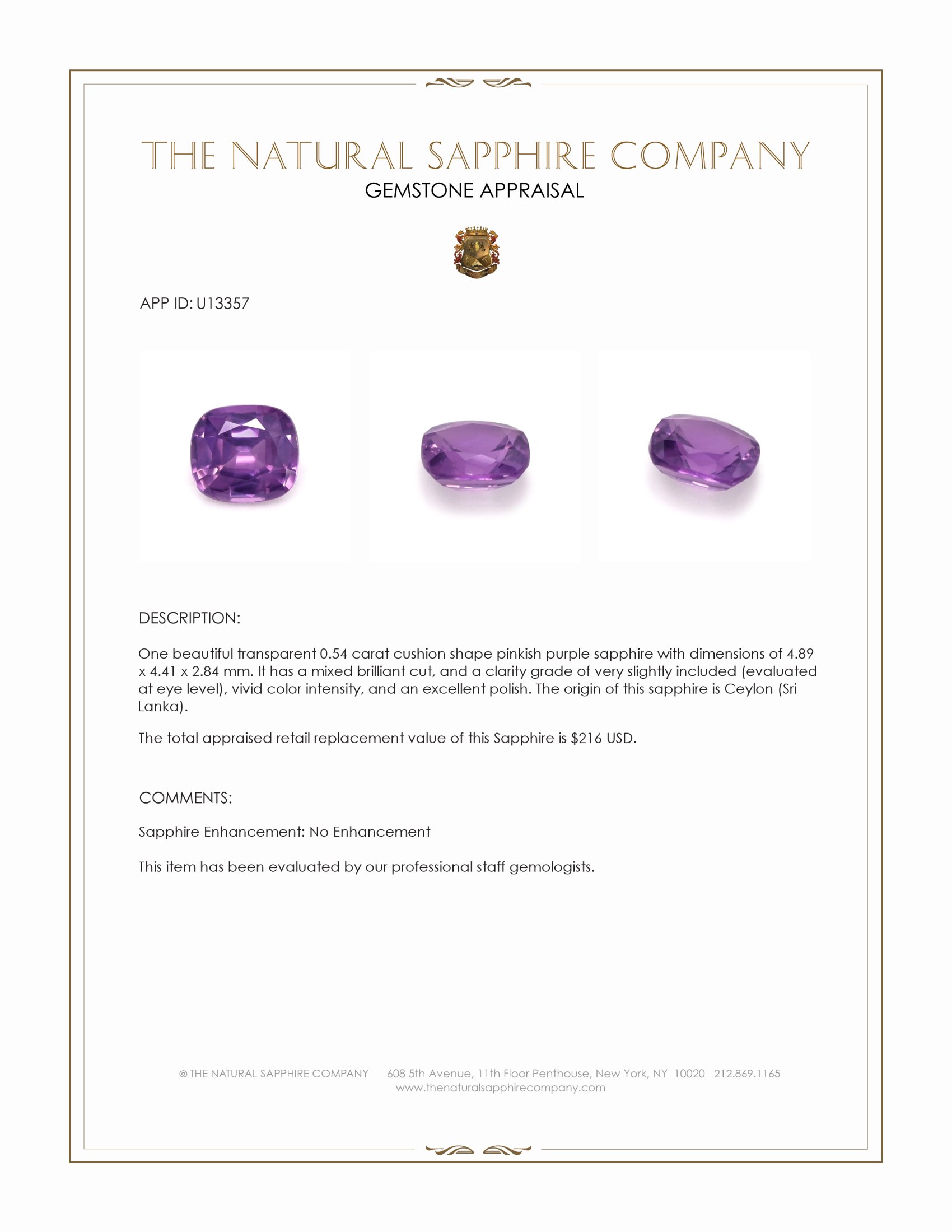 0.54 Ct. Pinkish Purple Sapphire from Ceylon (Sri Lanka)