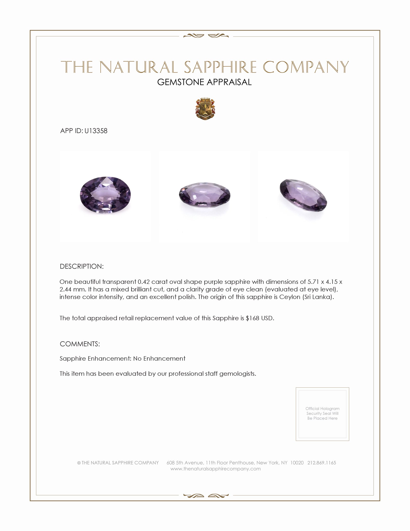0.42 Ct. Purple Sapphire from Ceylon (Sri Lanka)