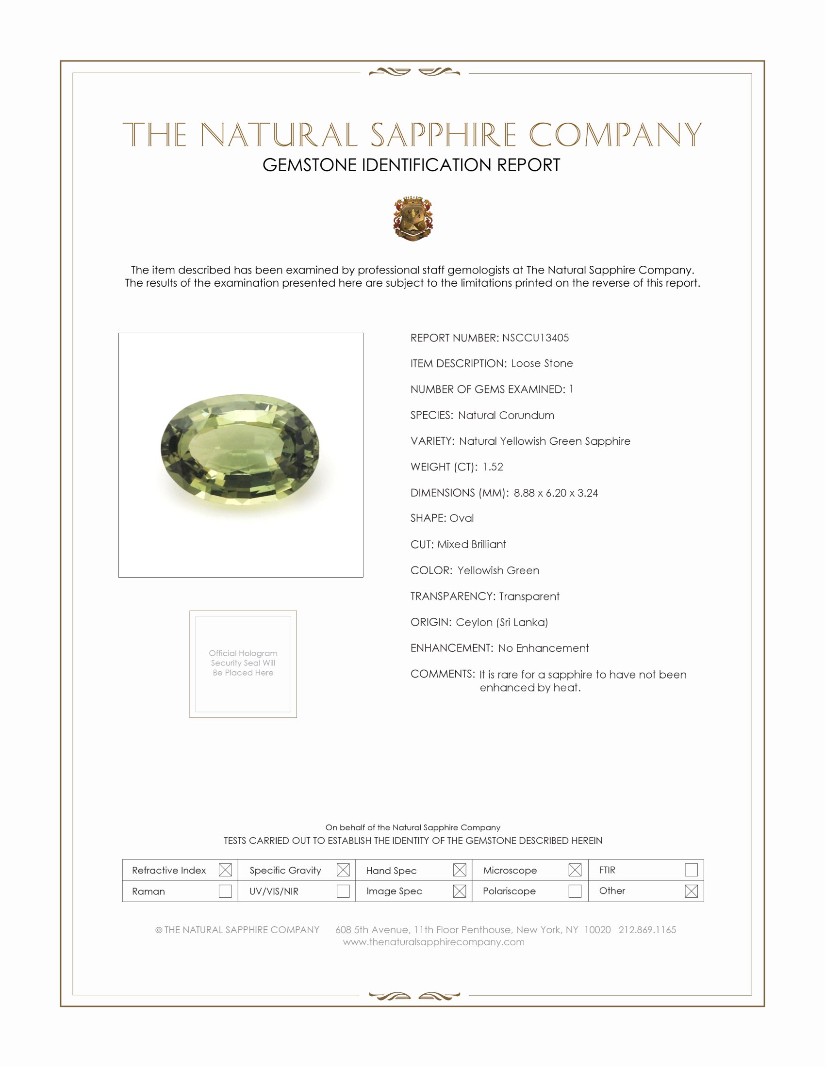 1.52 Ct. Yellowish Green Sapphire from Ceylon (Sri Lanka)