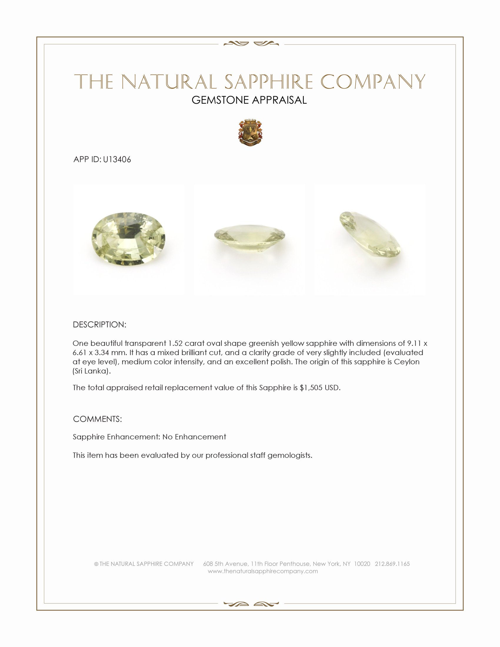 1.52 Ct. Greenish Yellow Sapphire from Ceylon (Sri Lanka)