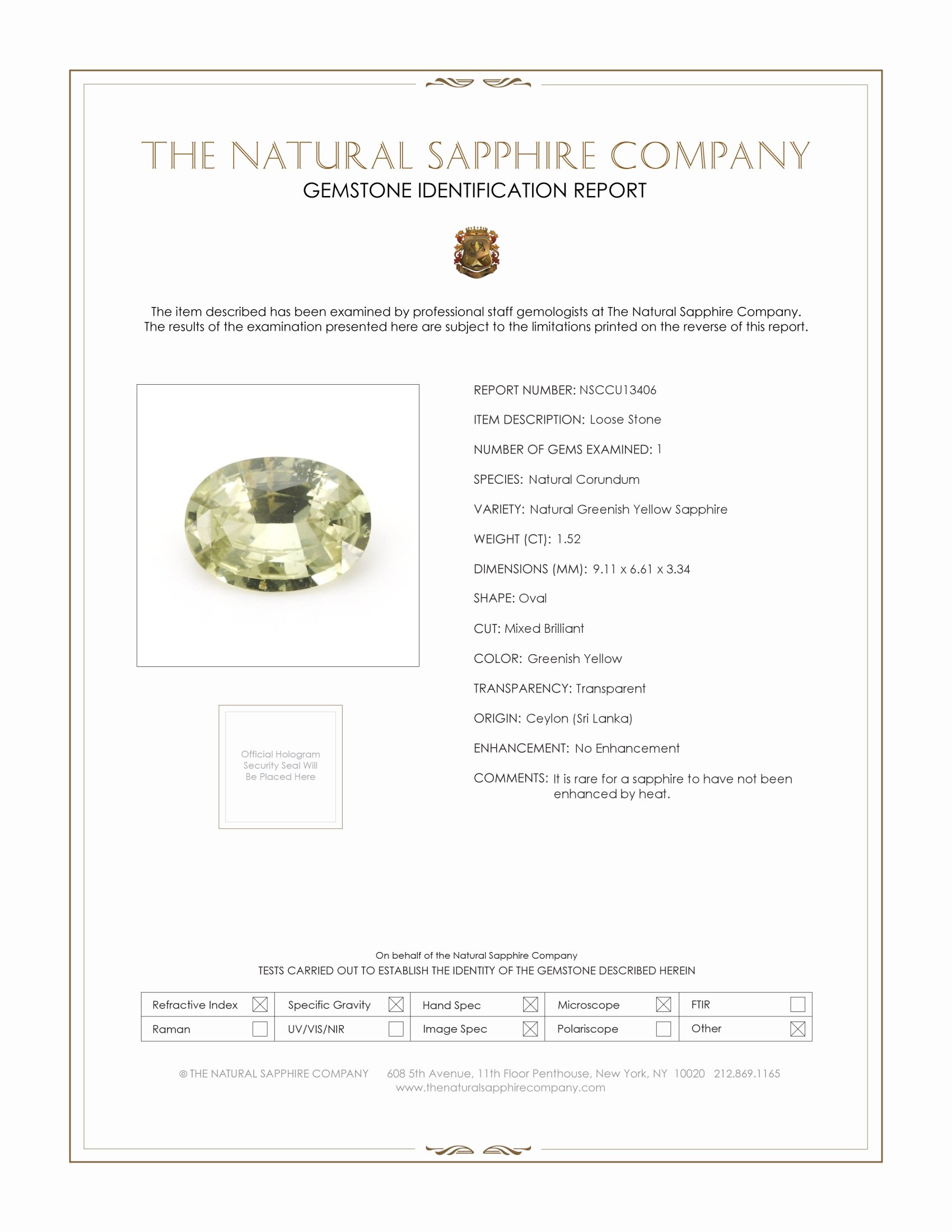 1.52 Ct. Greenish Yellow Sapphire from Ceylon (Sri Lanka)