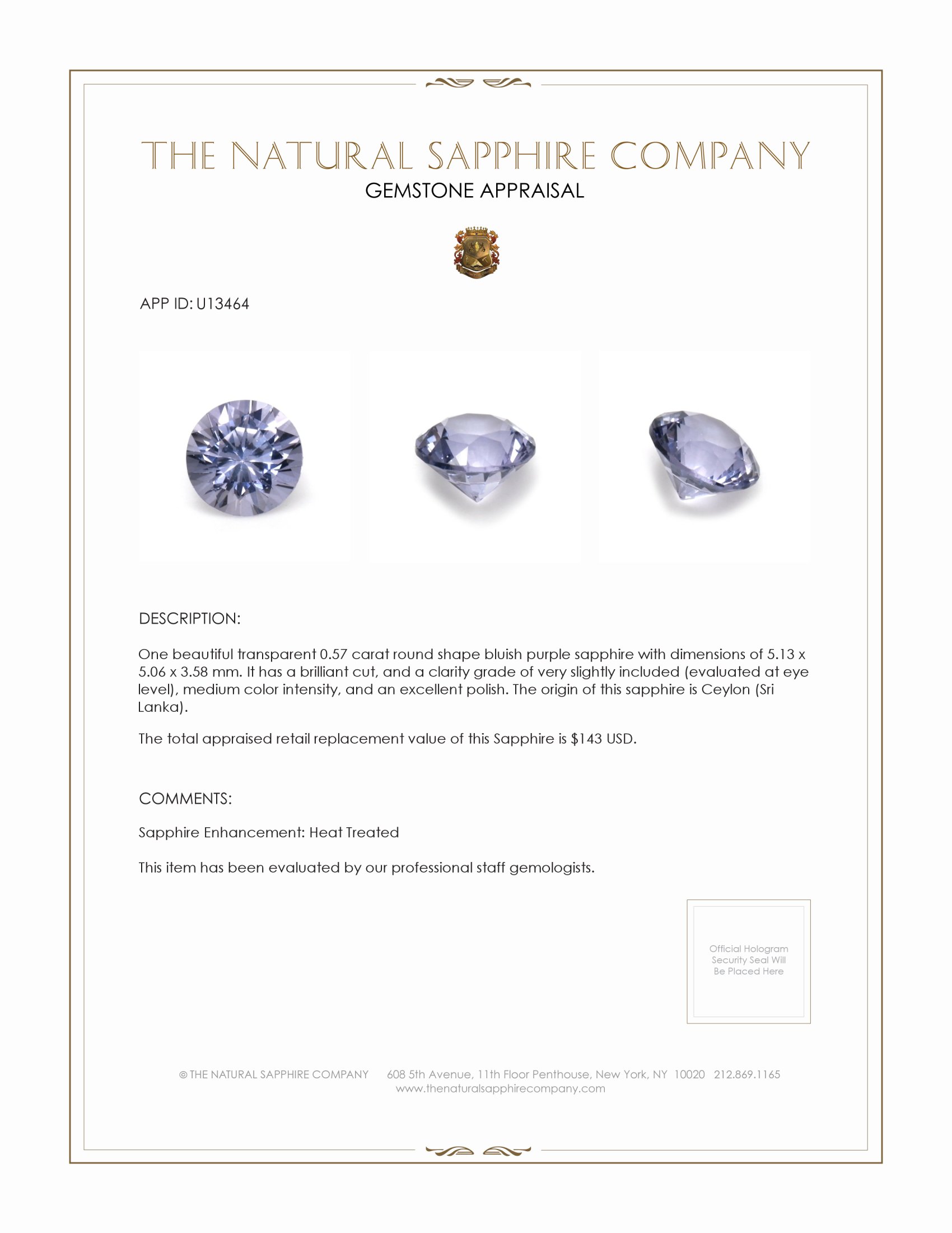 0.57 Ct. Bluish Purple Sapphire from Ceylon (Sri Lanka)