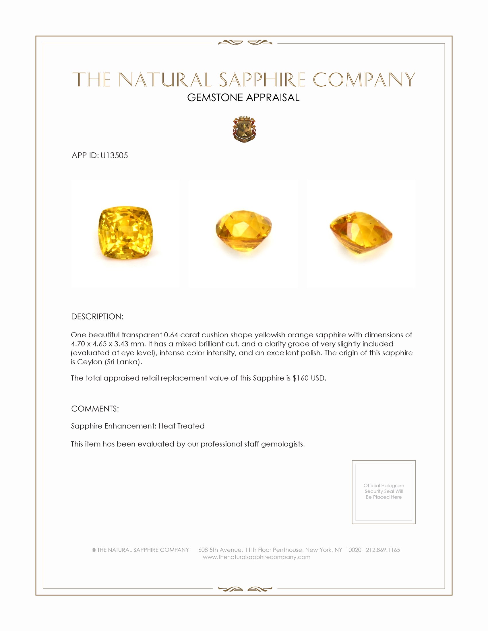 0.64 Ct. Yellowish Orange Sapphire from Ceylon (Sri Lanka)