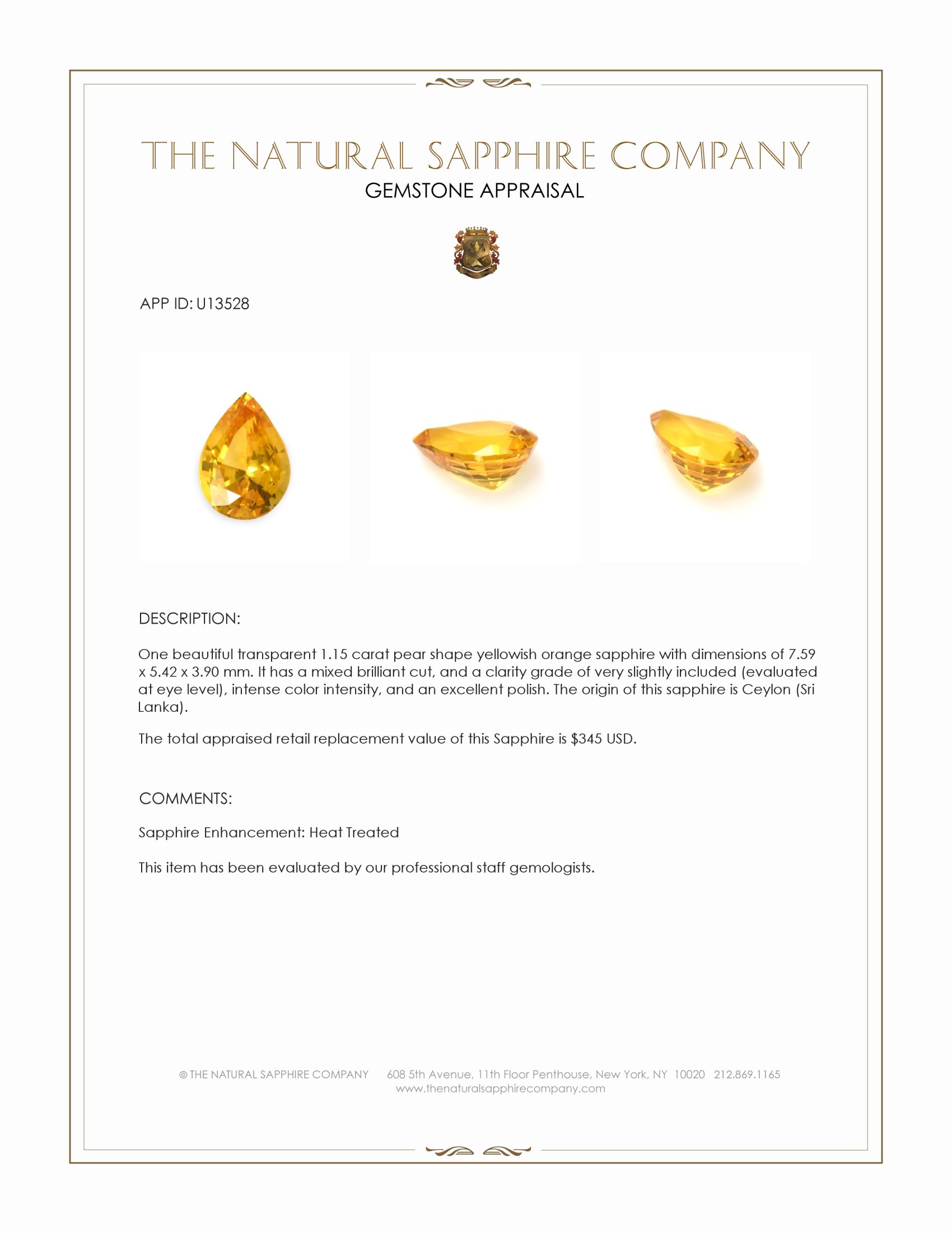1.15 Ct. Yellowish Orange Sapphire from Ceylon (Sri Lanka)
