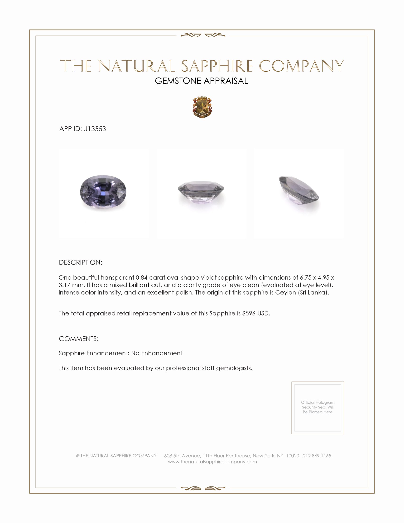 0.84 Ct. Violet Sapphire from Ceylon (Sri Lanka)