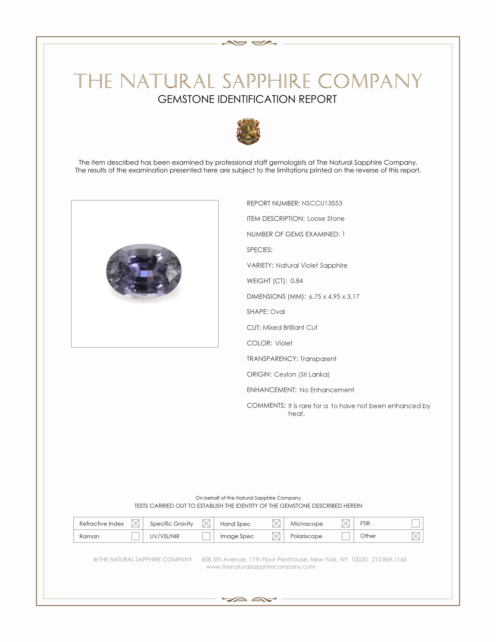 0.84 Ct. Violet Sapphire from Ceylon (Sri Lanka)