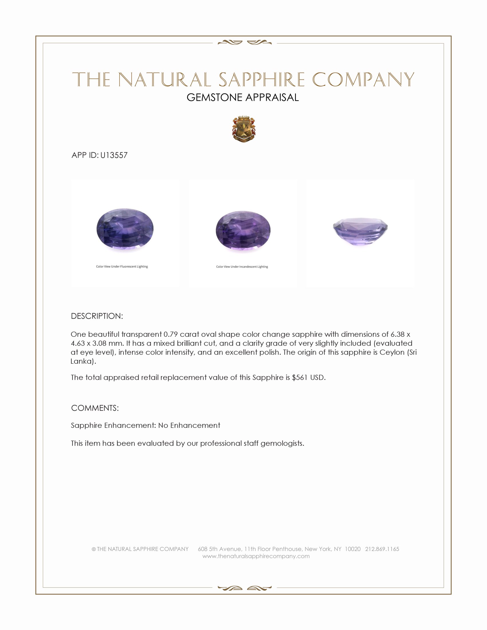 0.79 Ct. Color Change Sapphire from Ceylon (Sri Lanka)