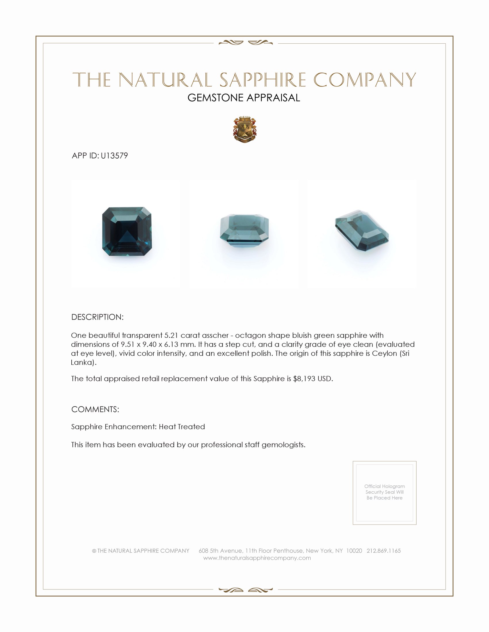 5.21 Ct. Bluish Green Sapphire from Ceylon (Sri Lanka)