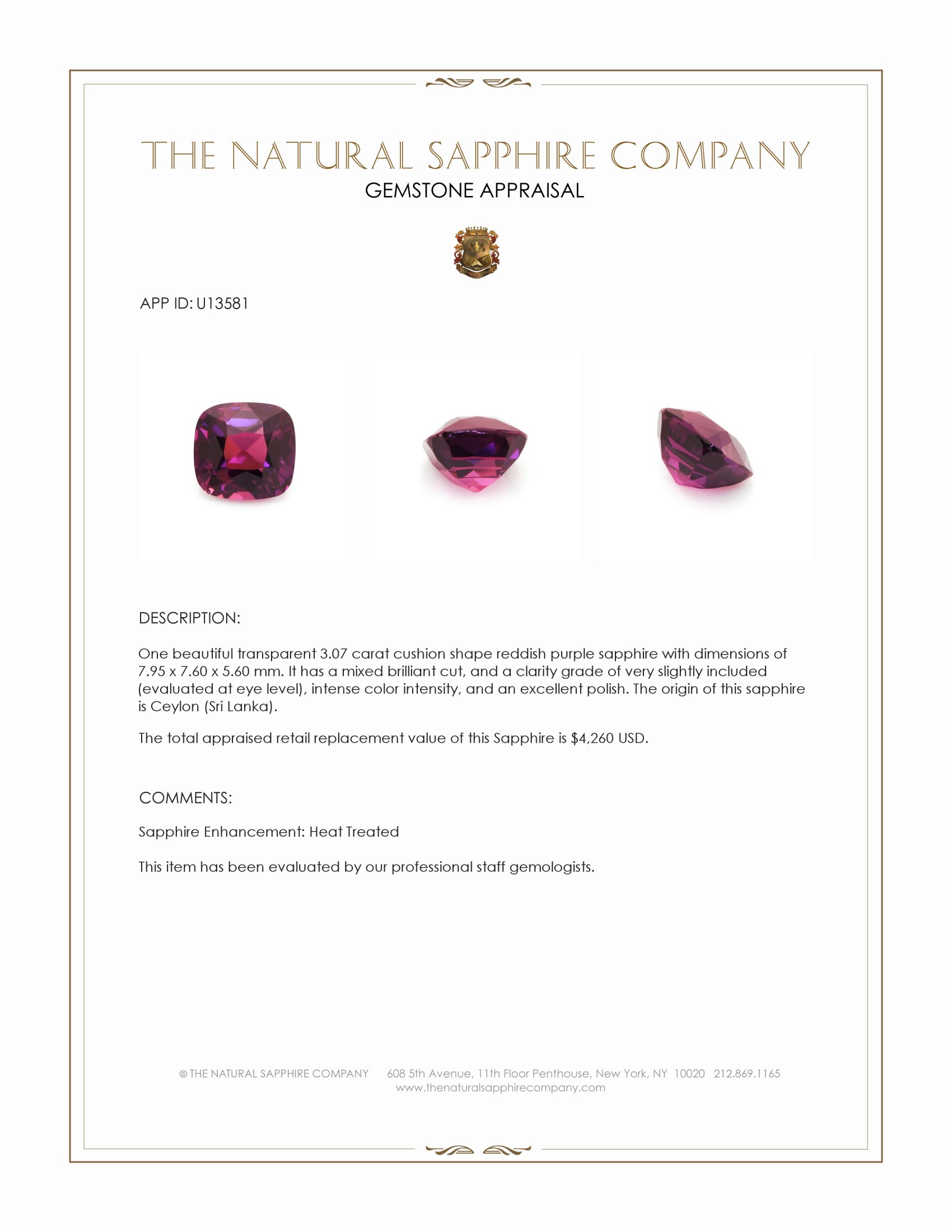 3.07 Ct. Reddish Purple Sapphire from Ceylon (Sri Lanka)
