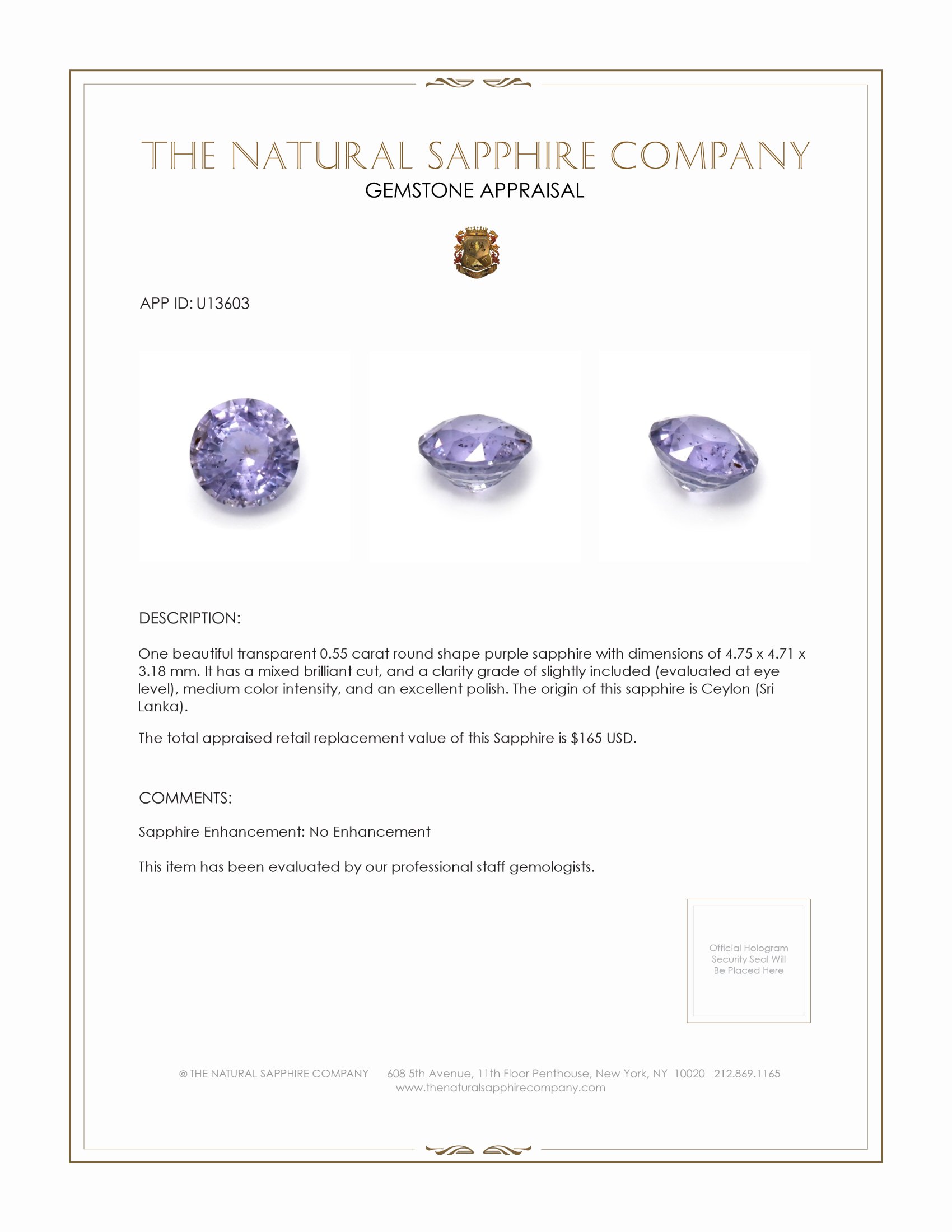0.55 Ct. Purple Sapphire from Ceylon (Sri Lanka)