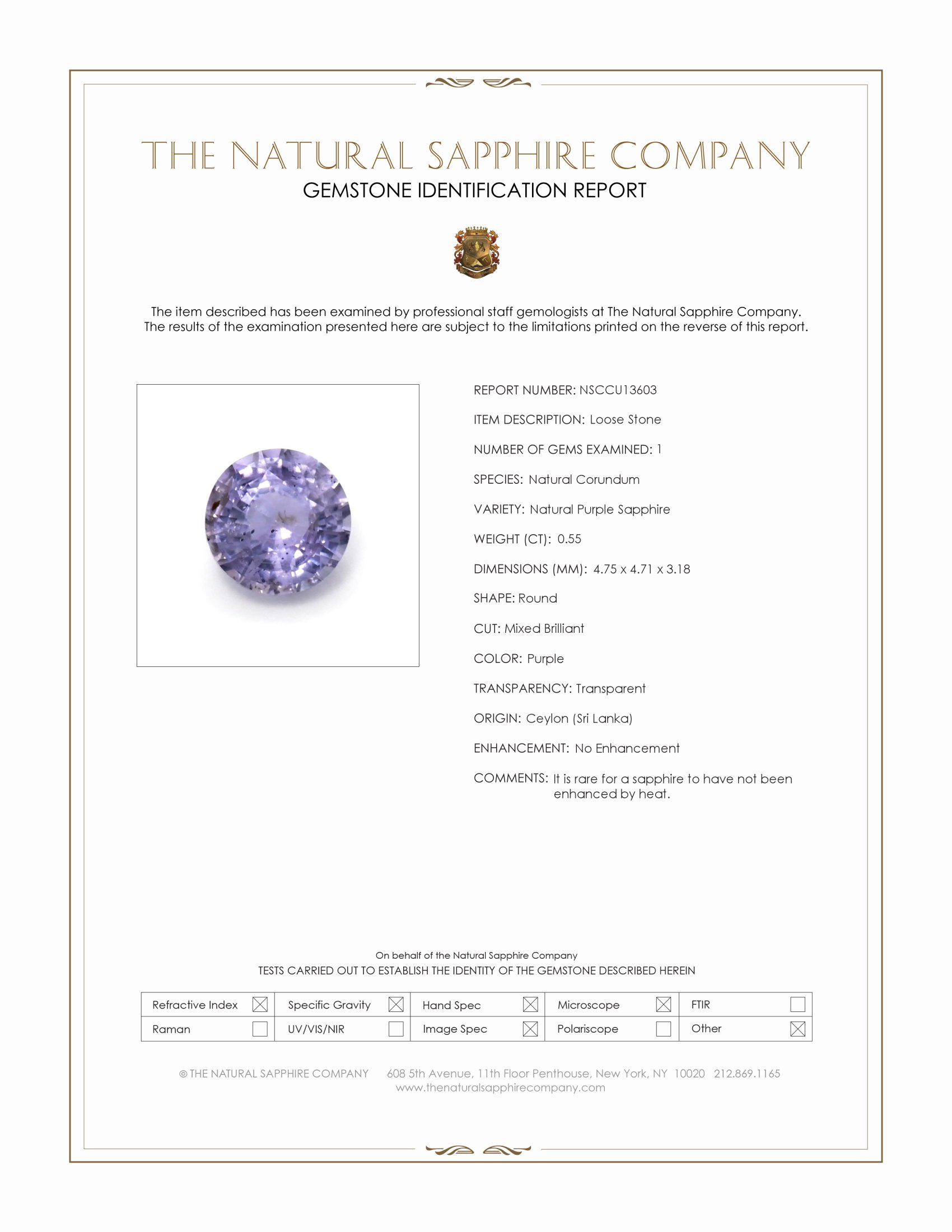 0.55 Ct. Purple Sapphire from Ceylon (Sri Lanka)