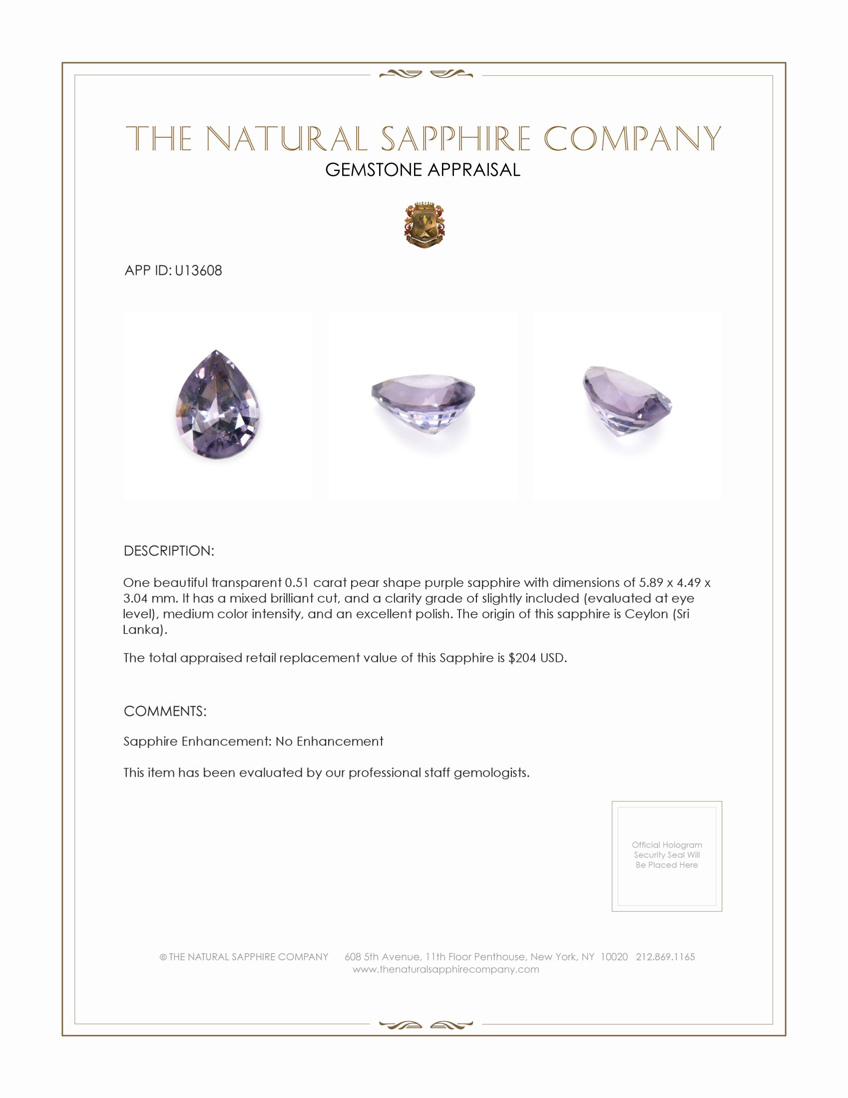0.51 Ct. Purple Sapphire from Ceylon (Sri Lanka)