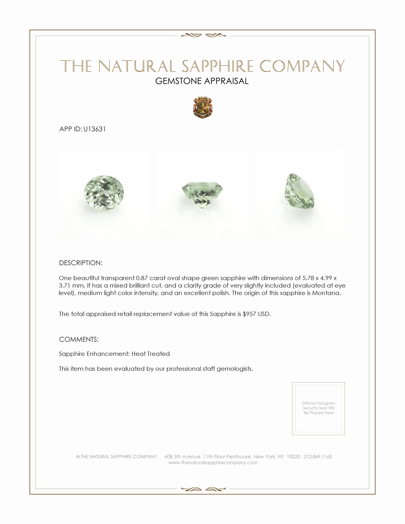 0.87 Ct. Green Sapphire from Montana