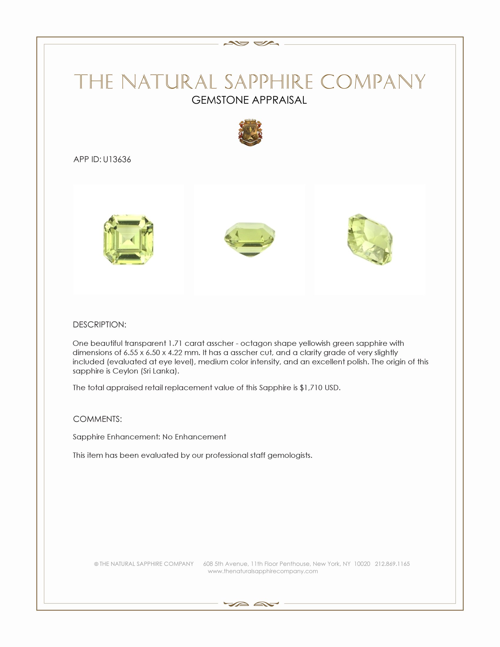 1.71 Ct. Yellowish Green Sapphire from Ceylon (Sri Lanka)