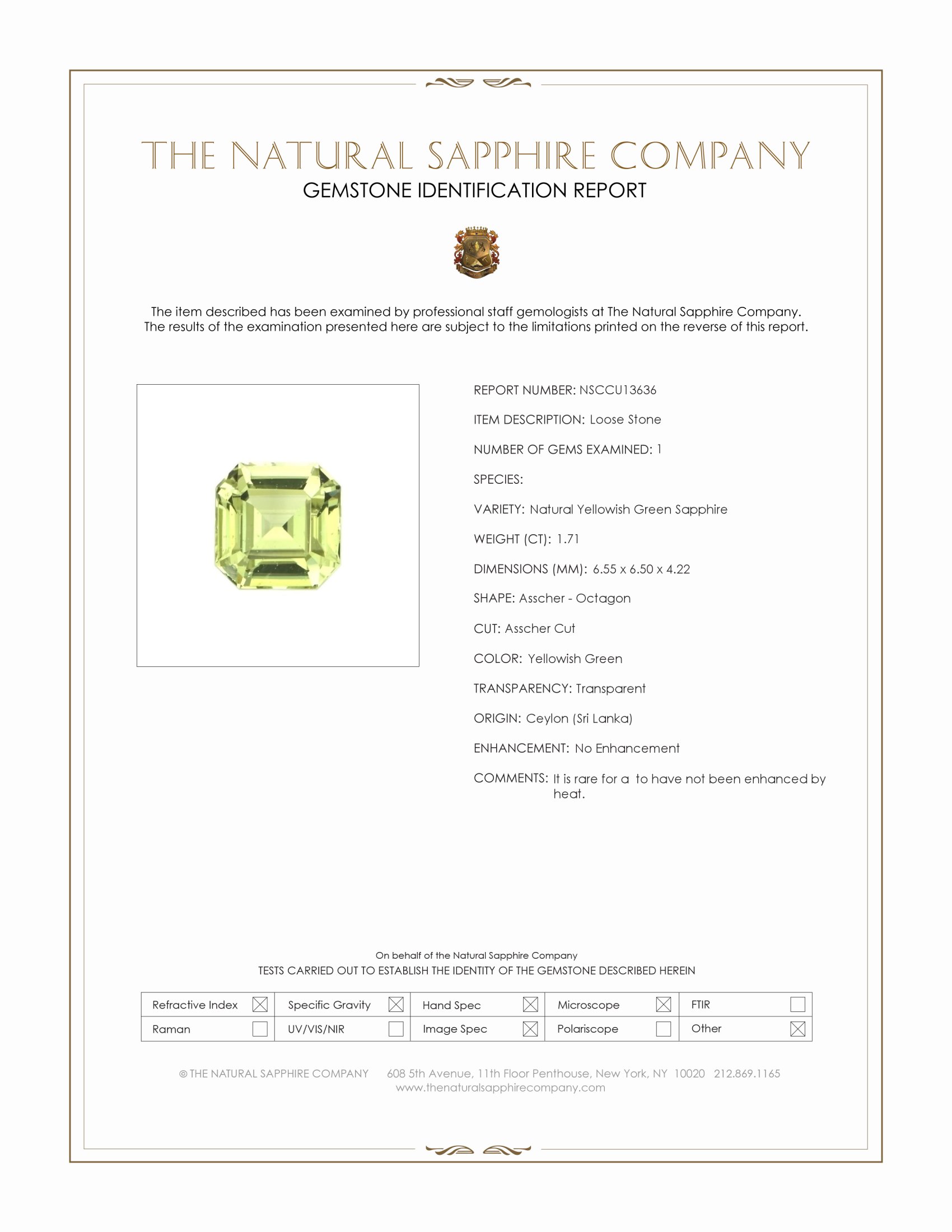 1.71 Ct. Yellowish Green Sapphire from Ceylon (Sri Lanka)