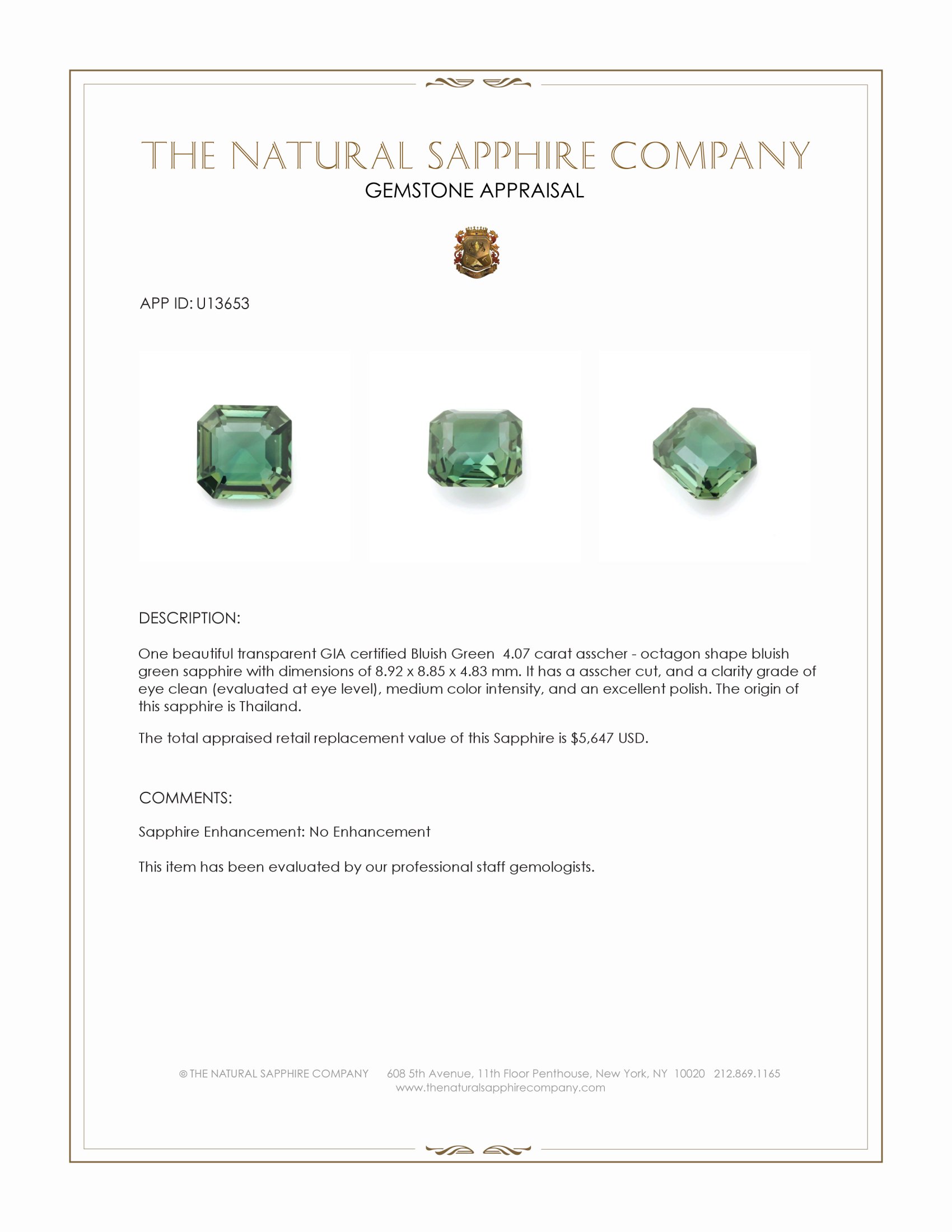 4.07 Ct. Bluish Green Sapphire from Thailand