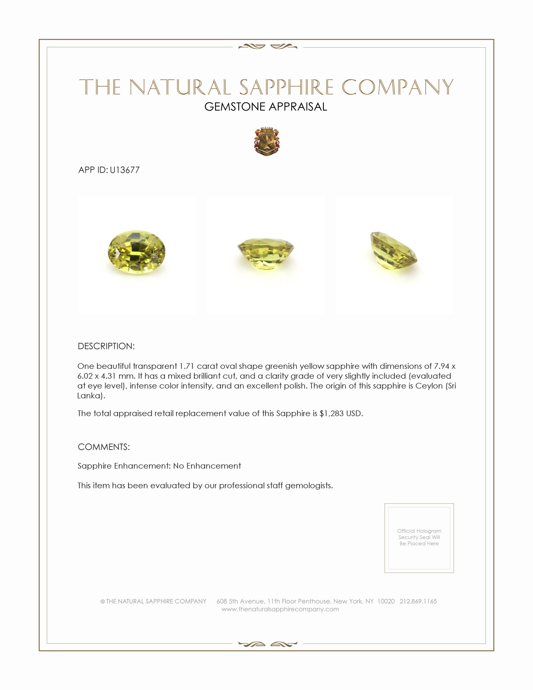 1.71 Ct. Greenish Yellow Sapphire from Ceylon (Sri Lanka)