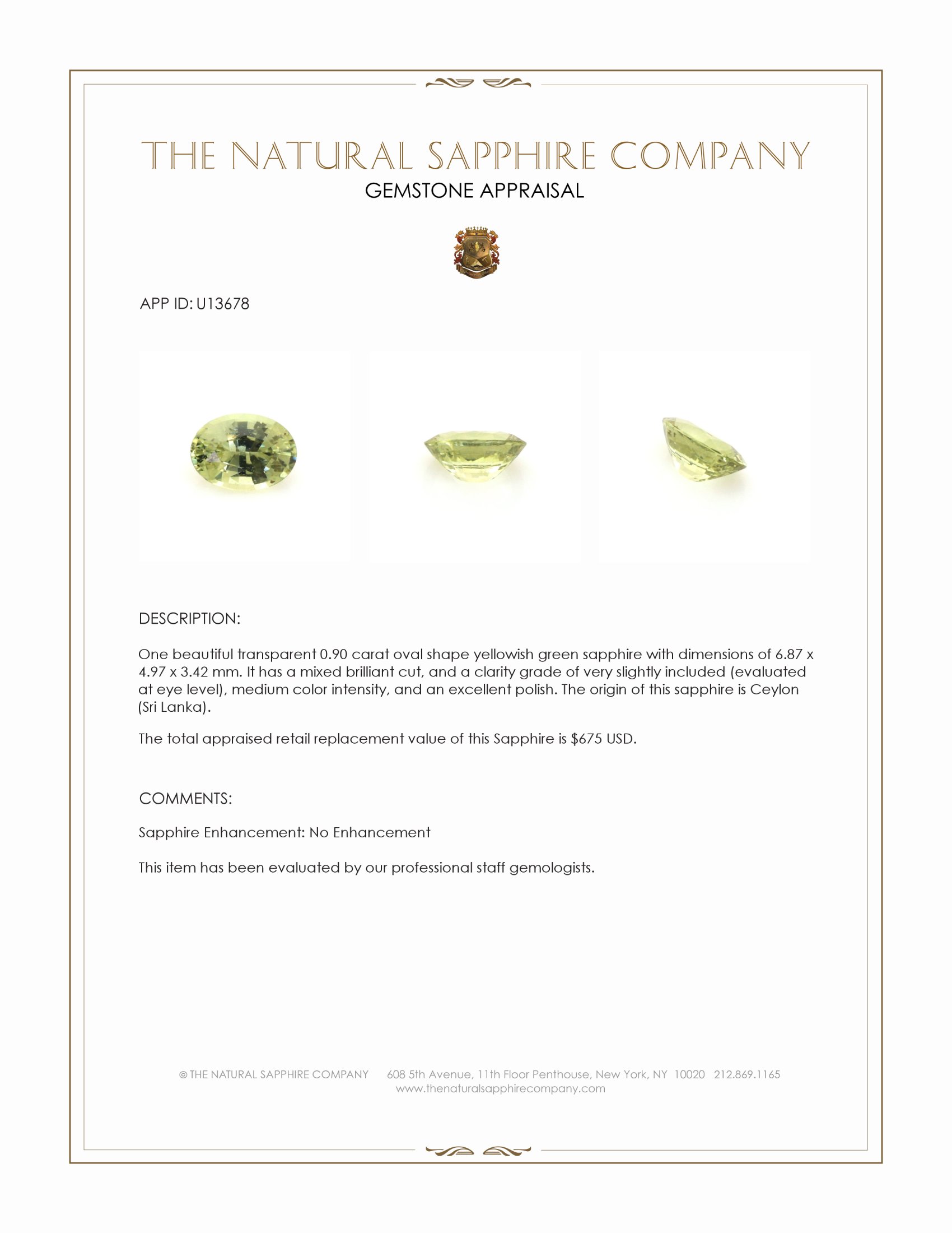 0.90 Ct. Yellowish Green Sapphire from Ceylon (Sri Lanka)