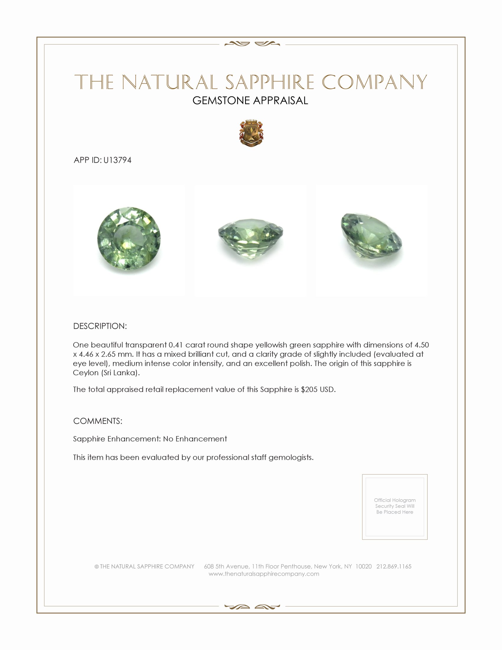 0.41 Ct. Yellowish Green Sapphire from Ceylon (Sri Lanka)