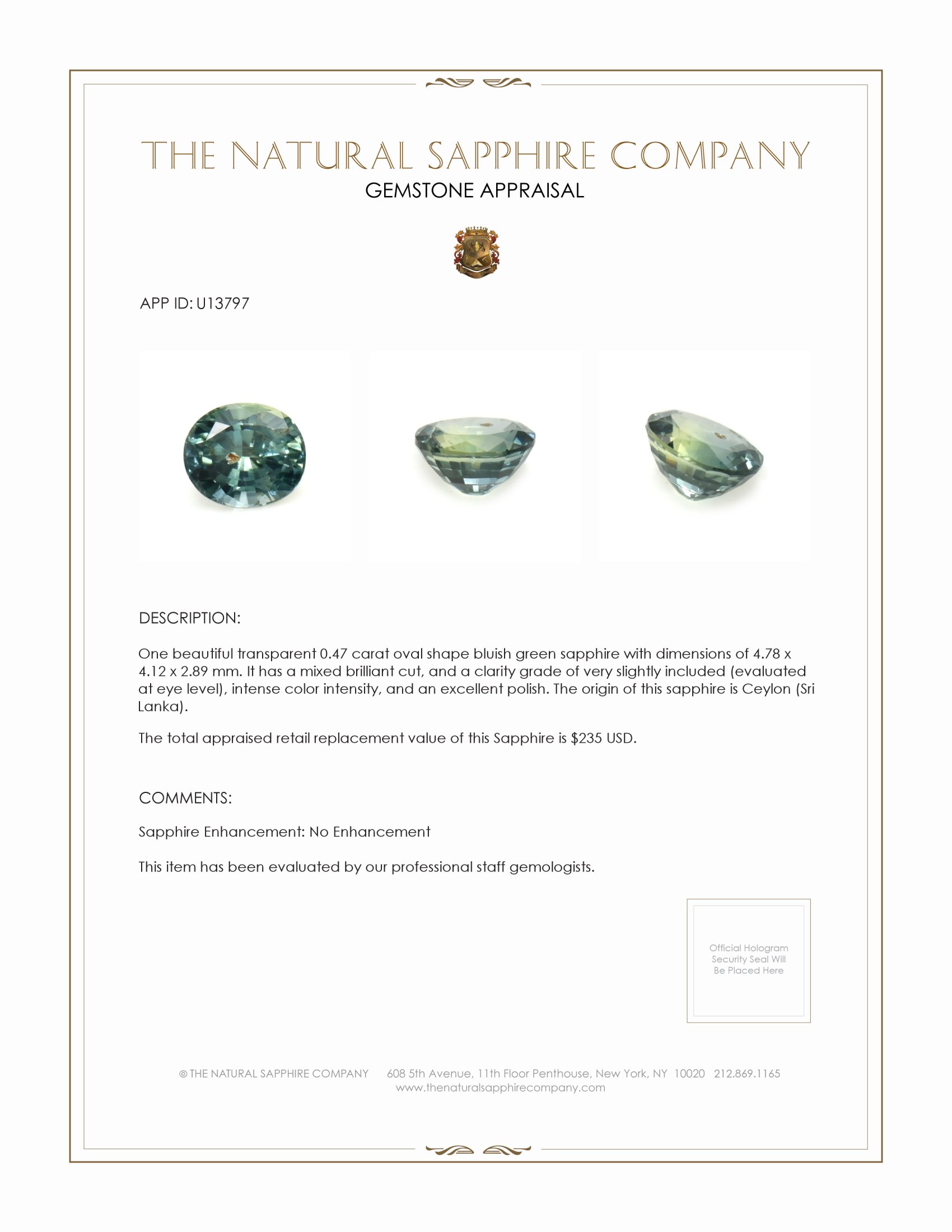 0.47 Ct. Bluish Green Sapphire from Ceylon (Sri Lanka)