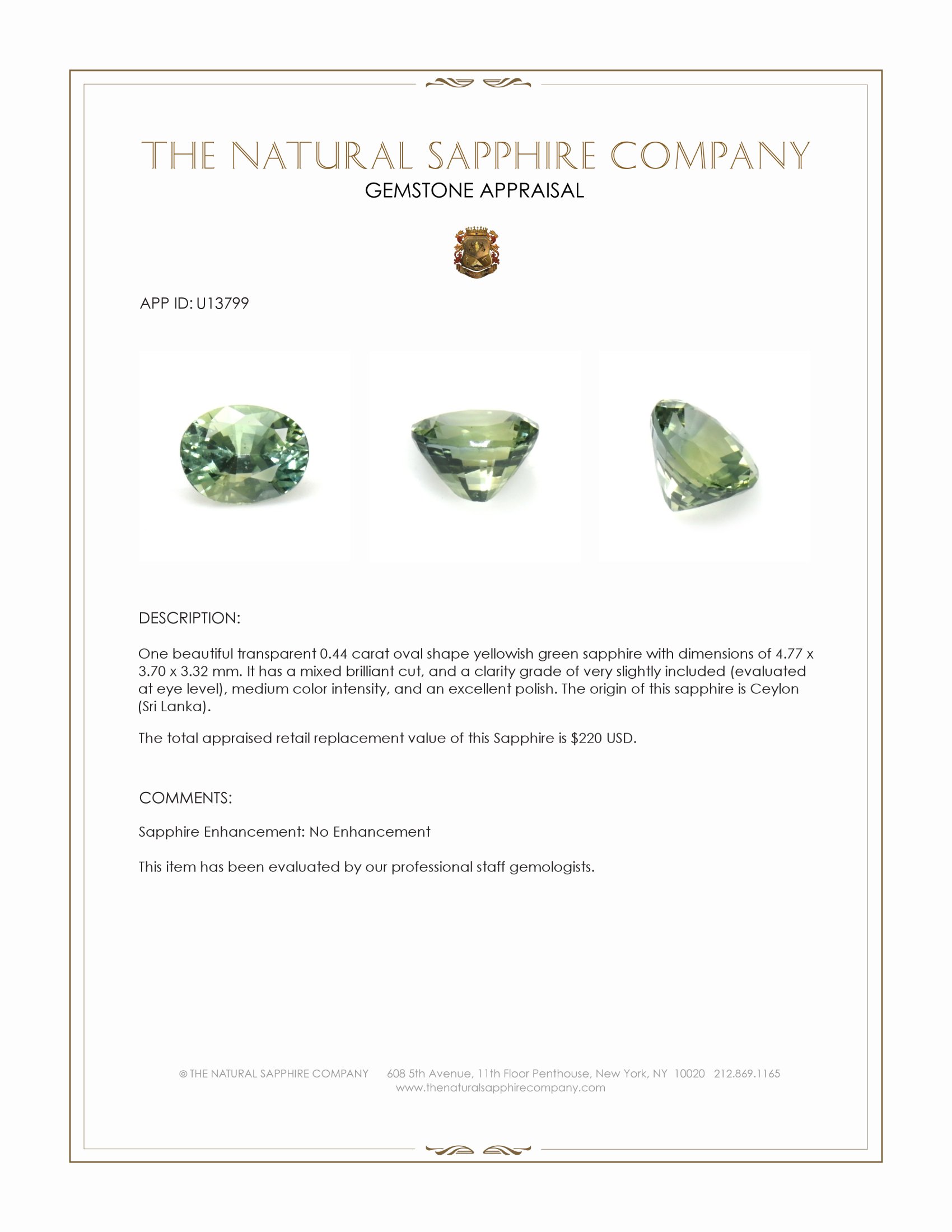 0.44 Ct. Yellowish Green Sapphire from Ceylon (Sri Lanka)
