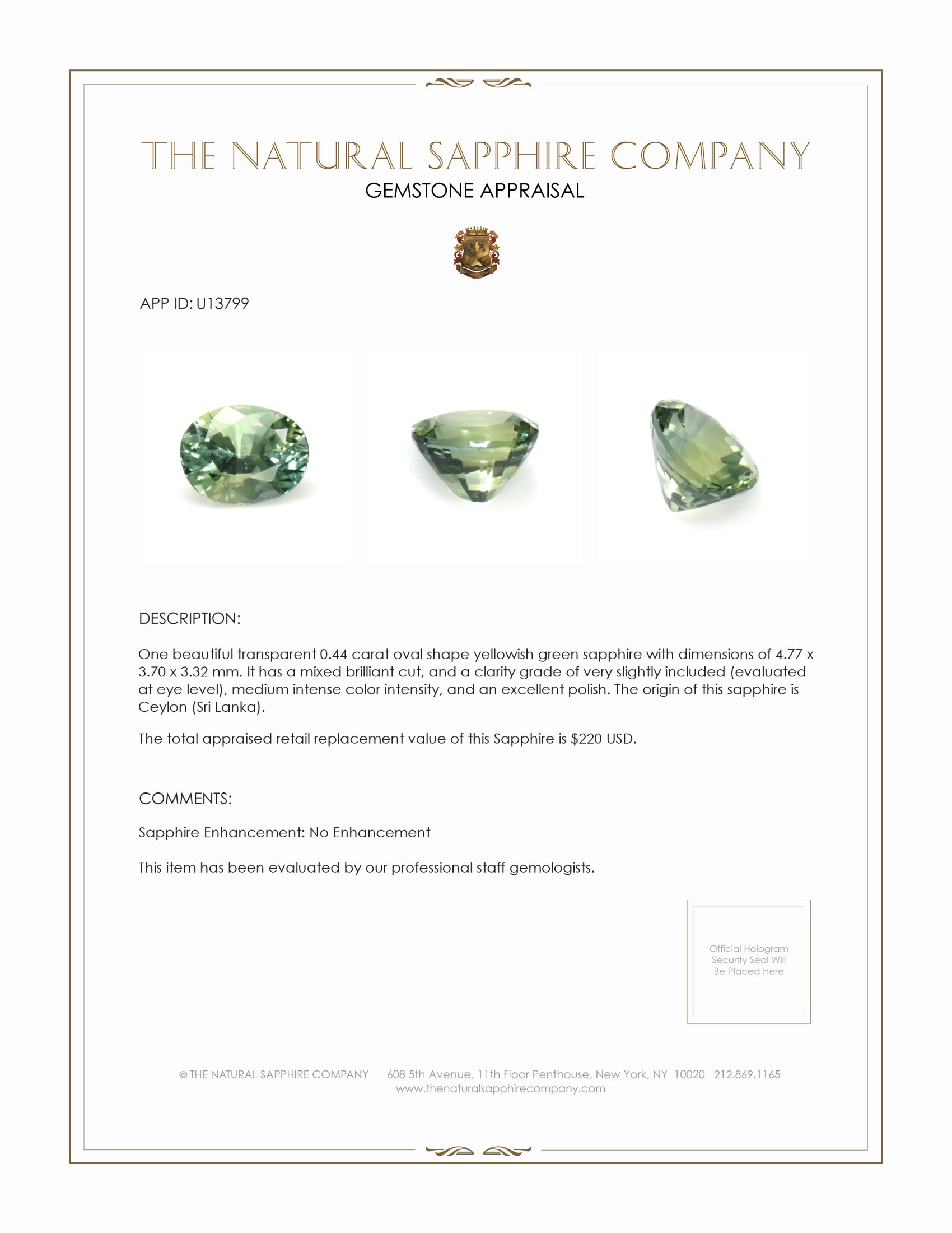 0.44 Ct. Yellowish Green Sapphire from Ceylon (Sri Lanka)