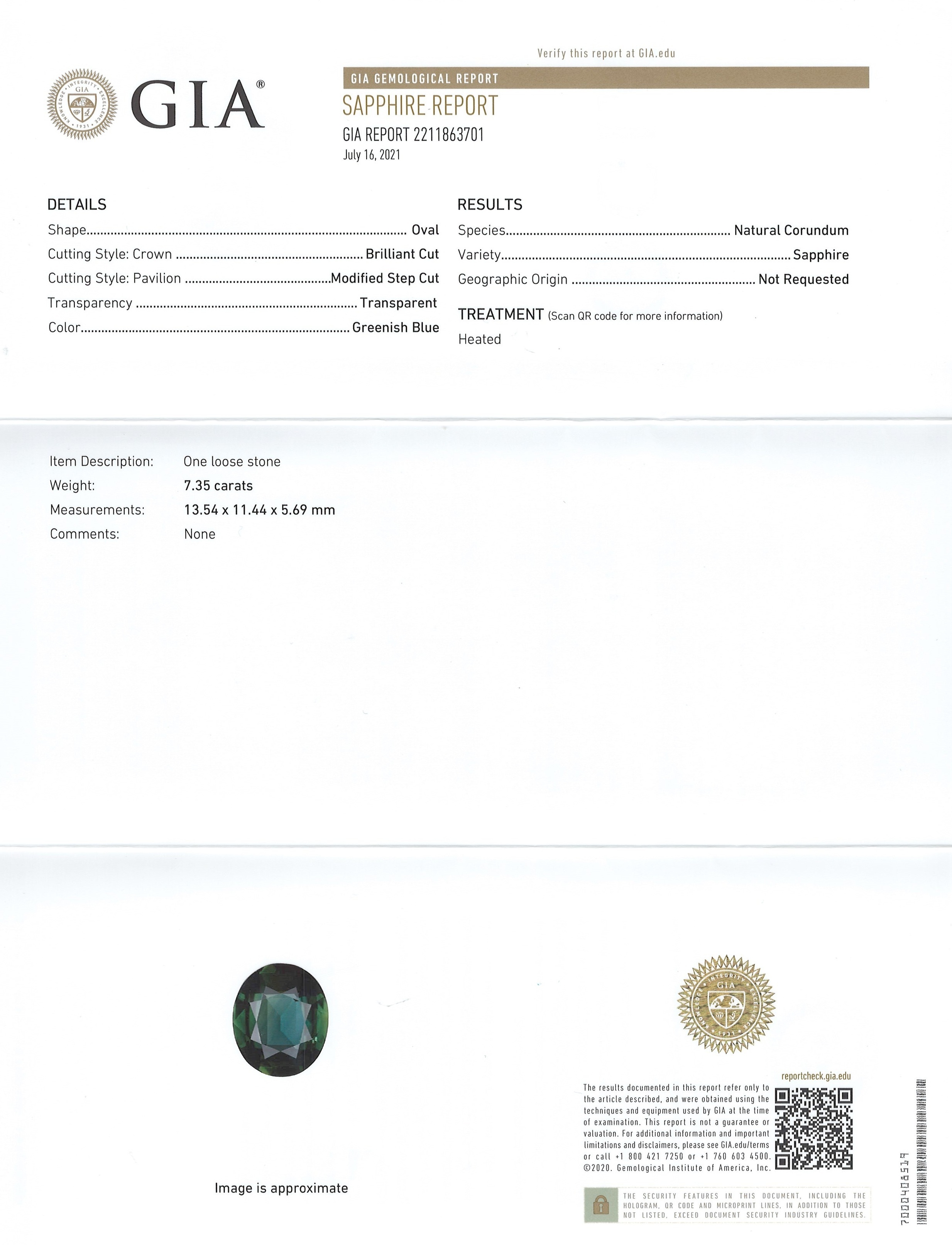 7.35 Ct. Greenish Blue Sapphire from Ceylon (Sri Lanka)