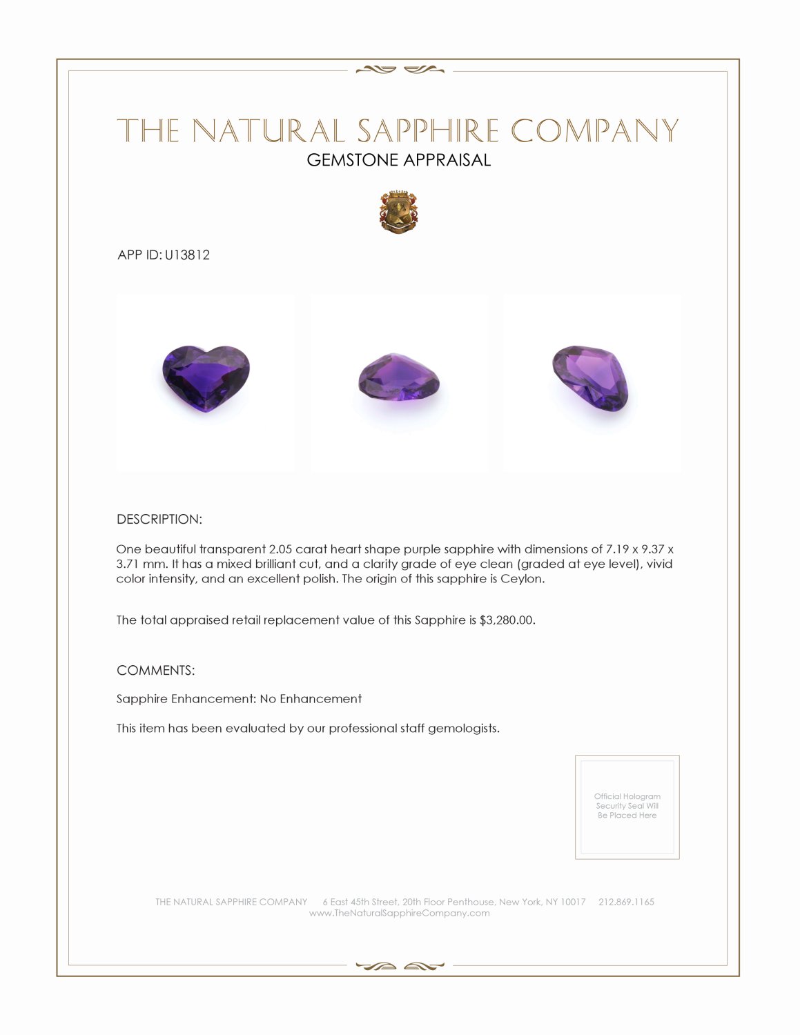 2.05 Ct. Purple Sapphire from Ceylon (Sri Lanka)