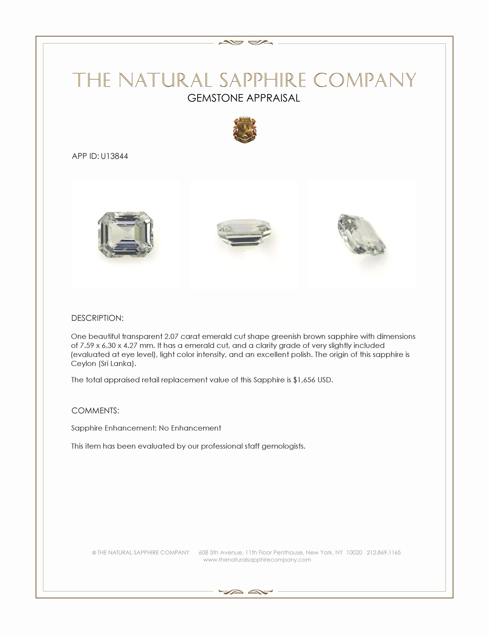 2.07 Ct. Brownish Green Sapphire from Ceylon (Sri Lanka)