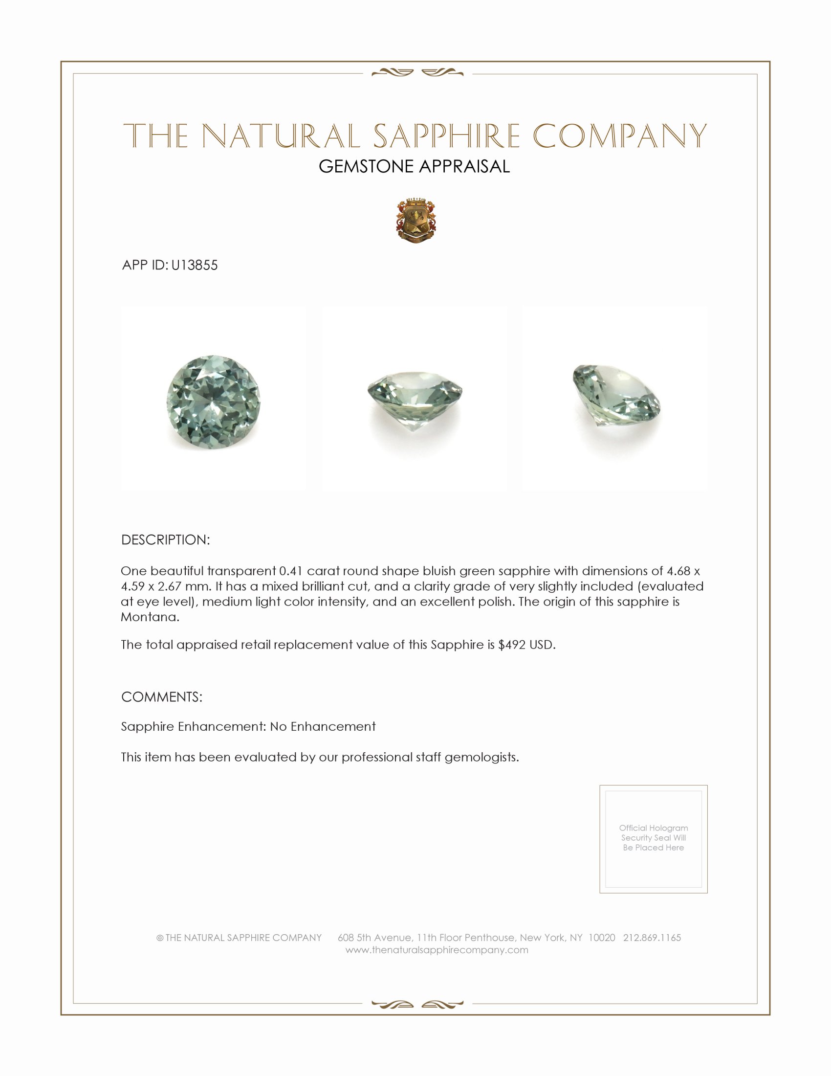 0.41 Ct. Bluish Green Sapphire from Montana
