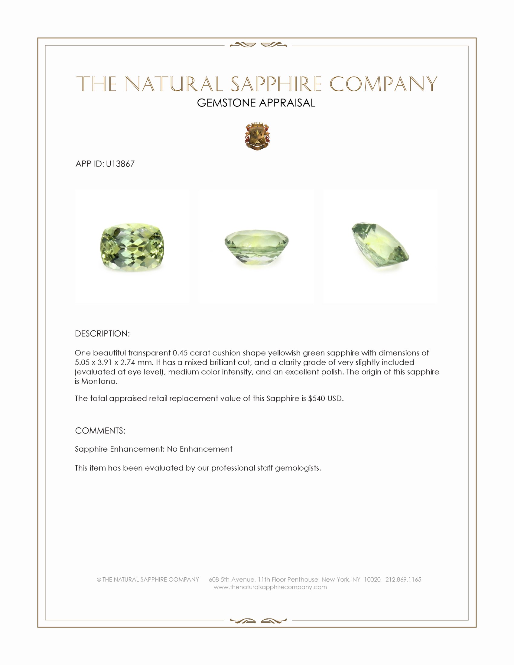 0.45 Ct. Yellowish Green Sapphire from Montana