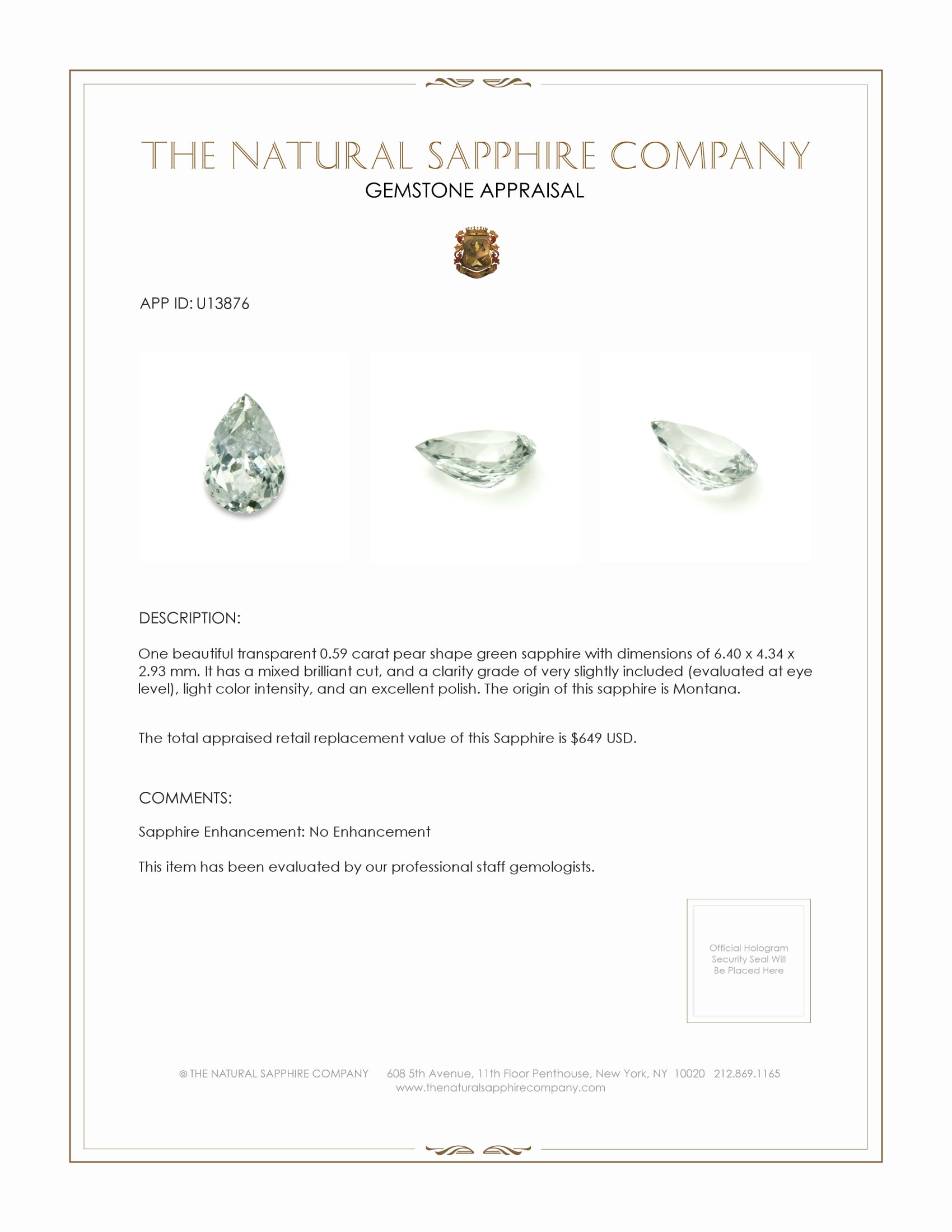 0.59 Ct. Green Sapphire from Montana