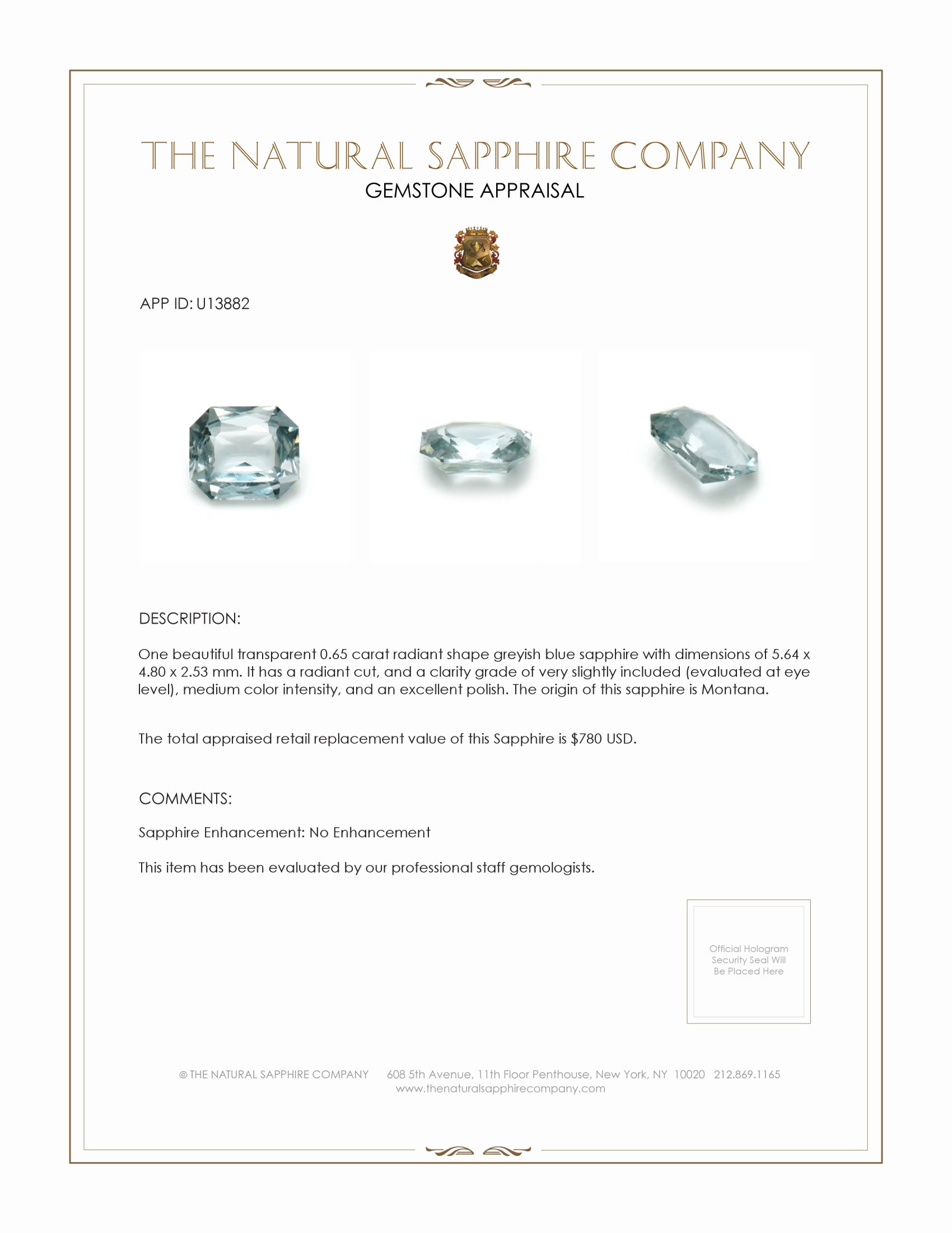 0.65 Ct. Greyish Blue Sapphire from Montana