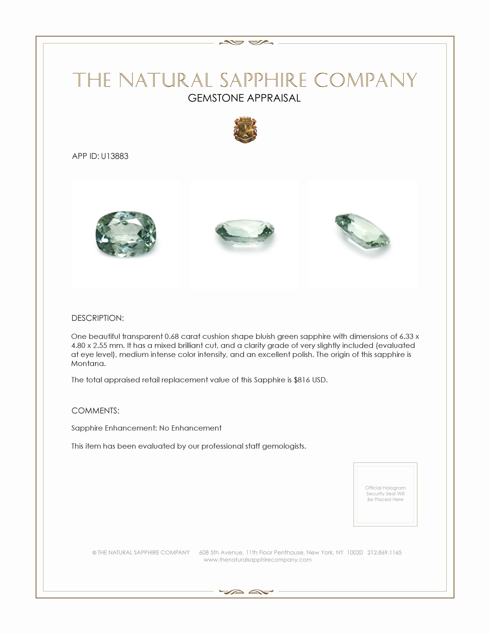 0.68 Ct. Bluish Green Sapphire from Montana