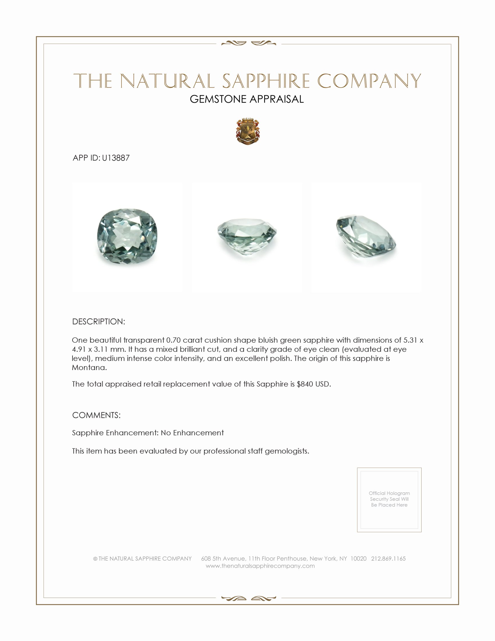 0.70 Ct. Bluish Green Sapphire from Montana