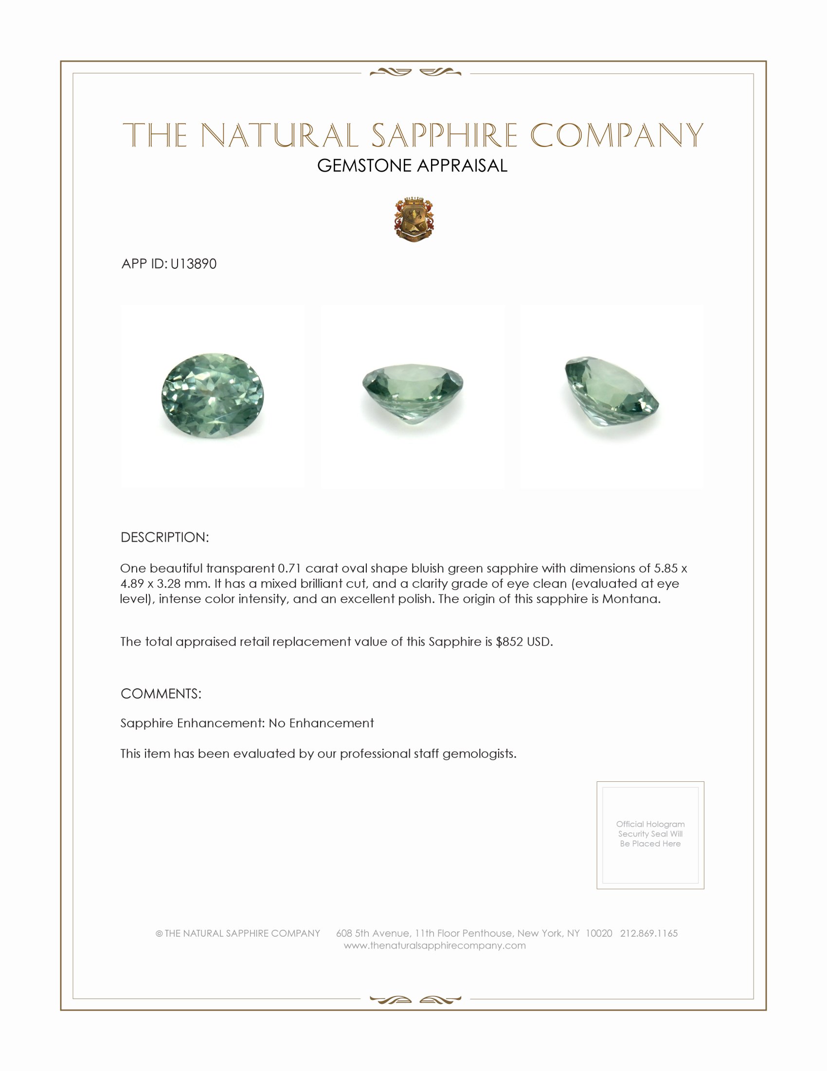 0.71 Ct. Bluish Green Sapphire from Montana