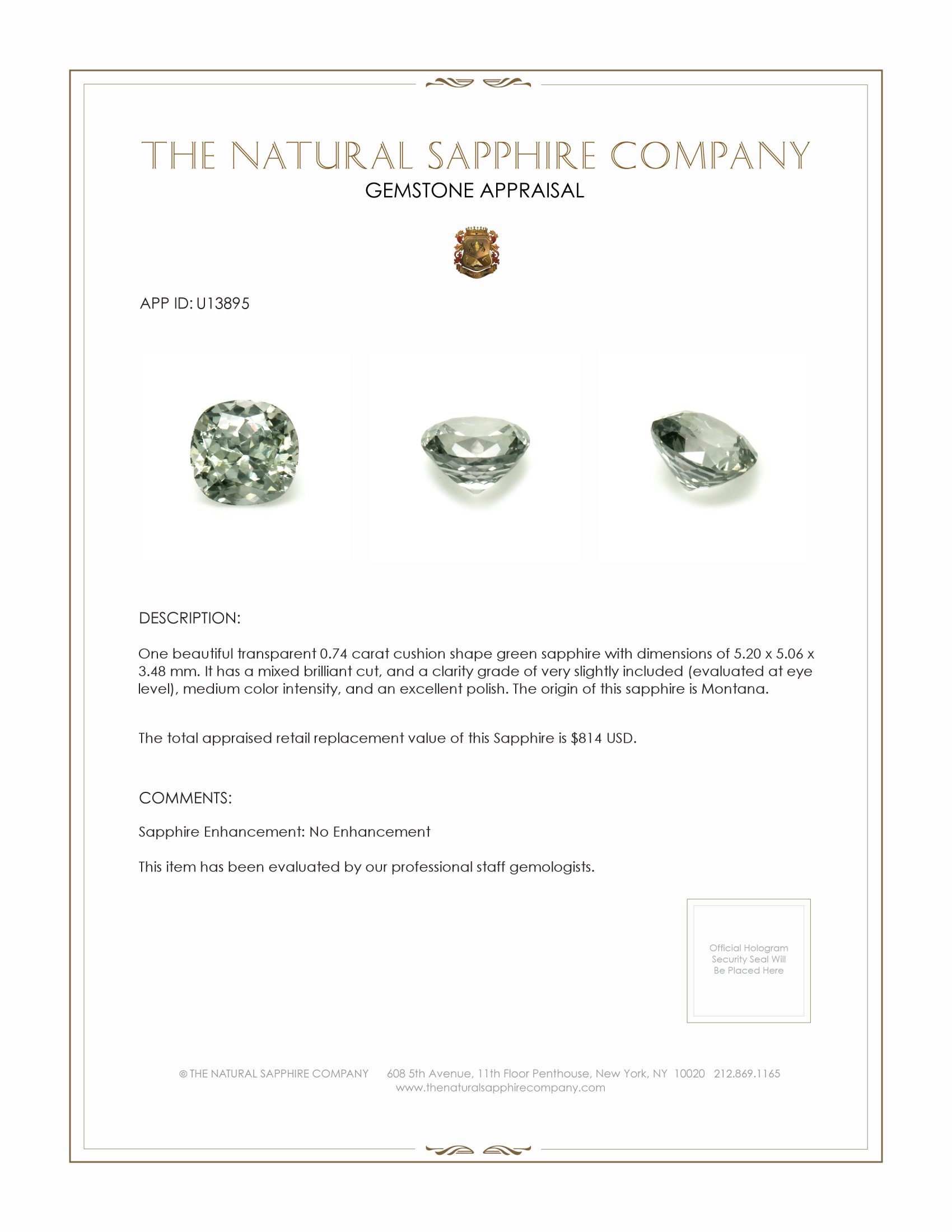 0.74 Ct. Green Sapphire from Montana