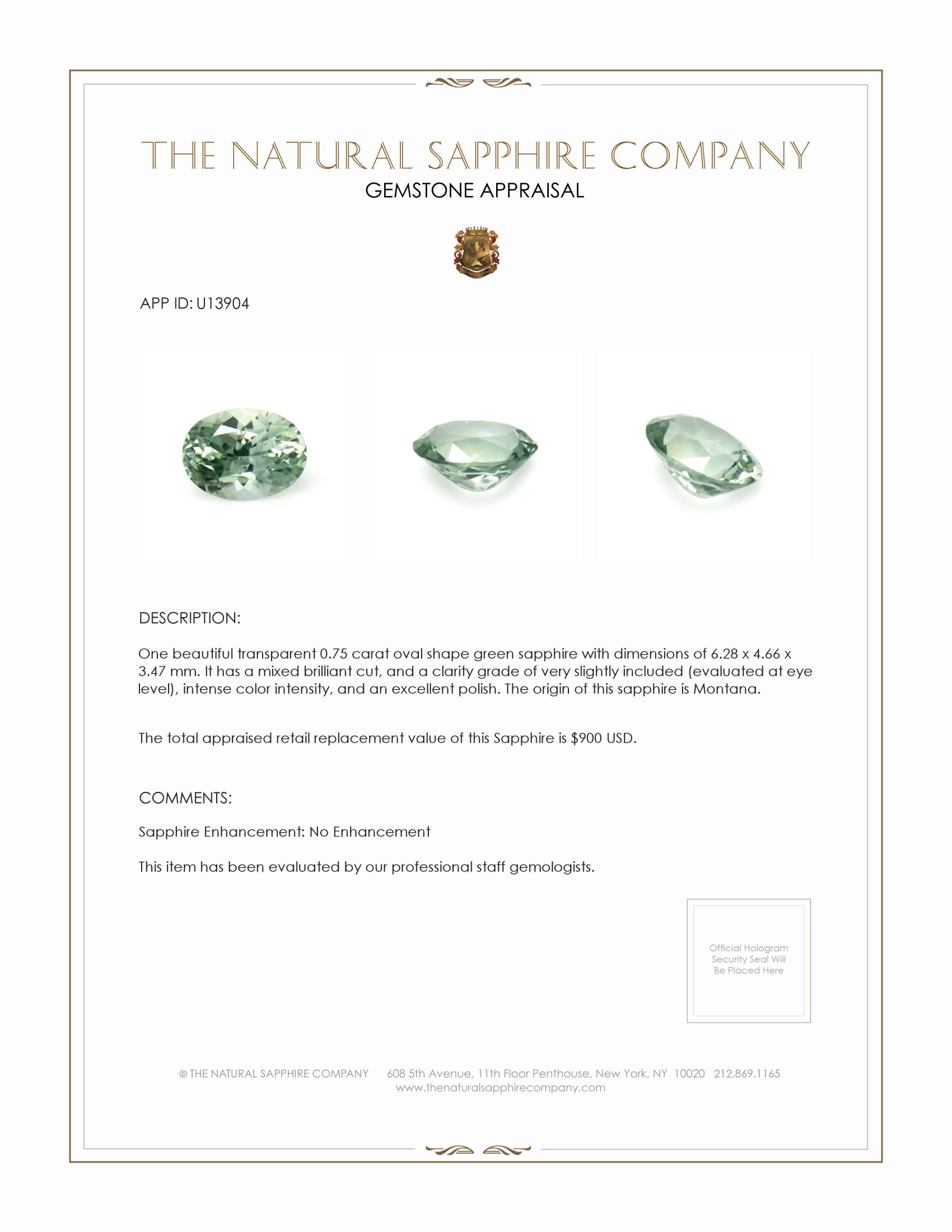 0.75 Ct. Green Sapphire from Montana