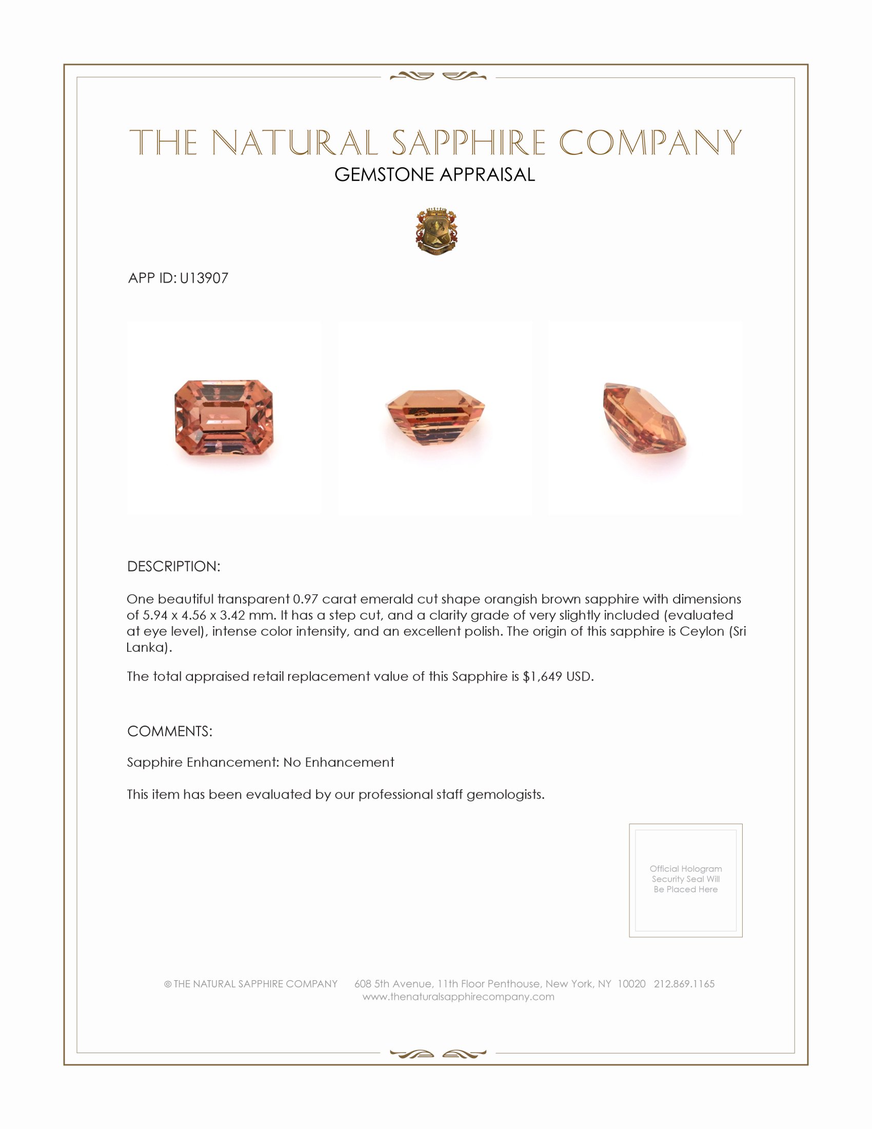 0.97 Ct. Orangish Brown Sapphire from Ceylon (Sri Lanka)