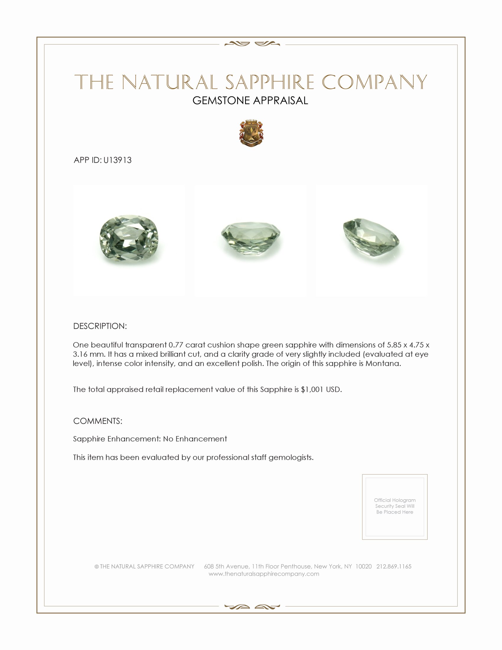 0.77 Ct. Green Sapphire from Montana