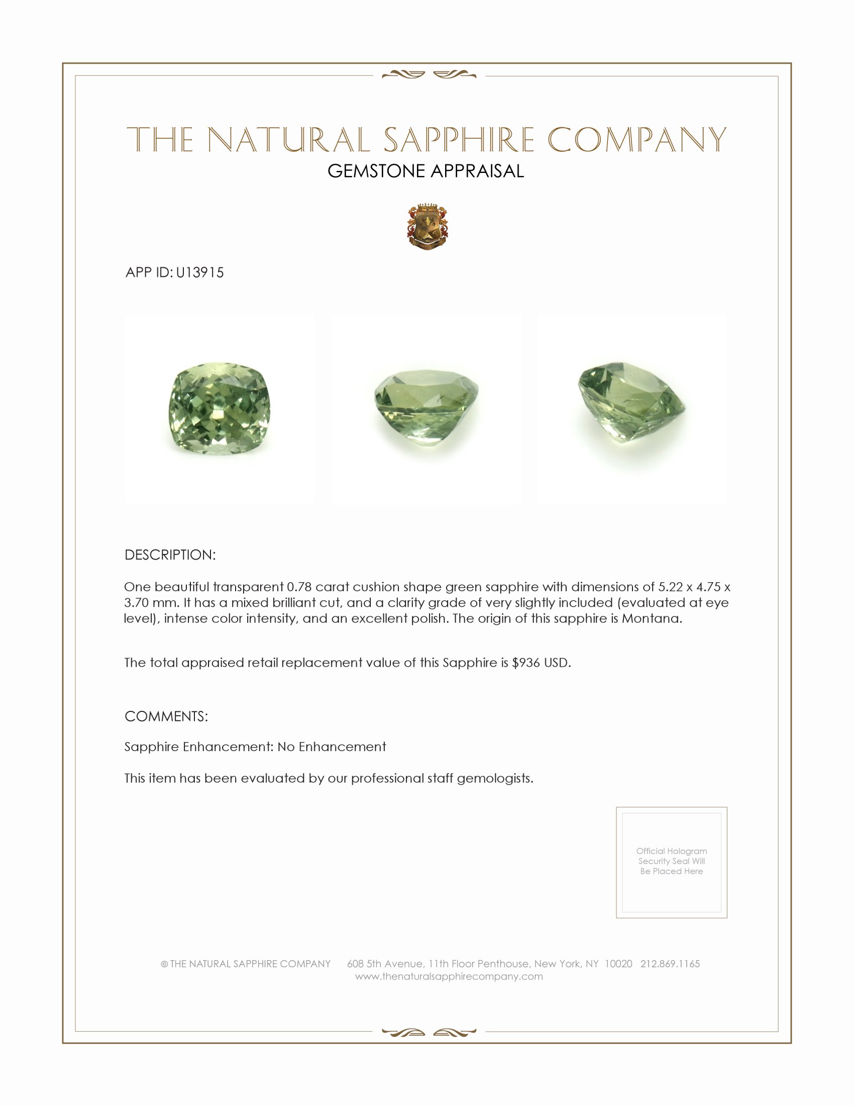 0.78 Ct. Green Sapphire from Montana